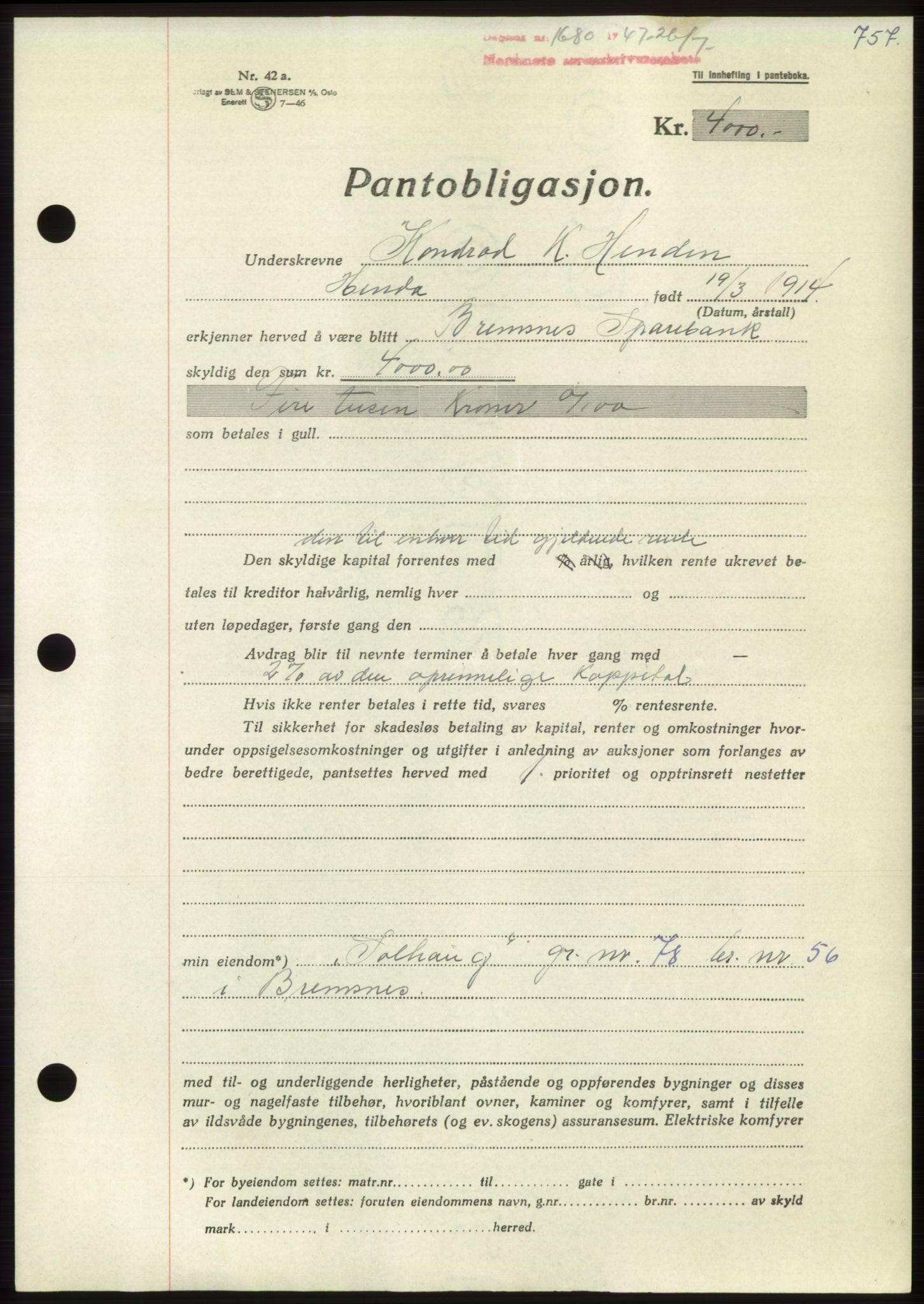 Nordmøre sorenskriveri, AV/SAT-A-4132/1/2/2Ca: Pantebok nr. B96, 1947-1947, Dagboknr: 1680/1947