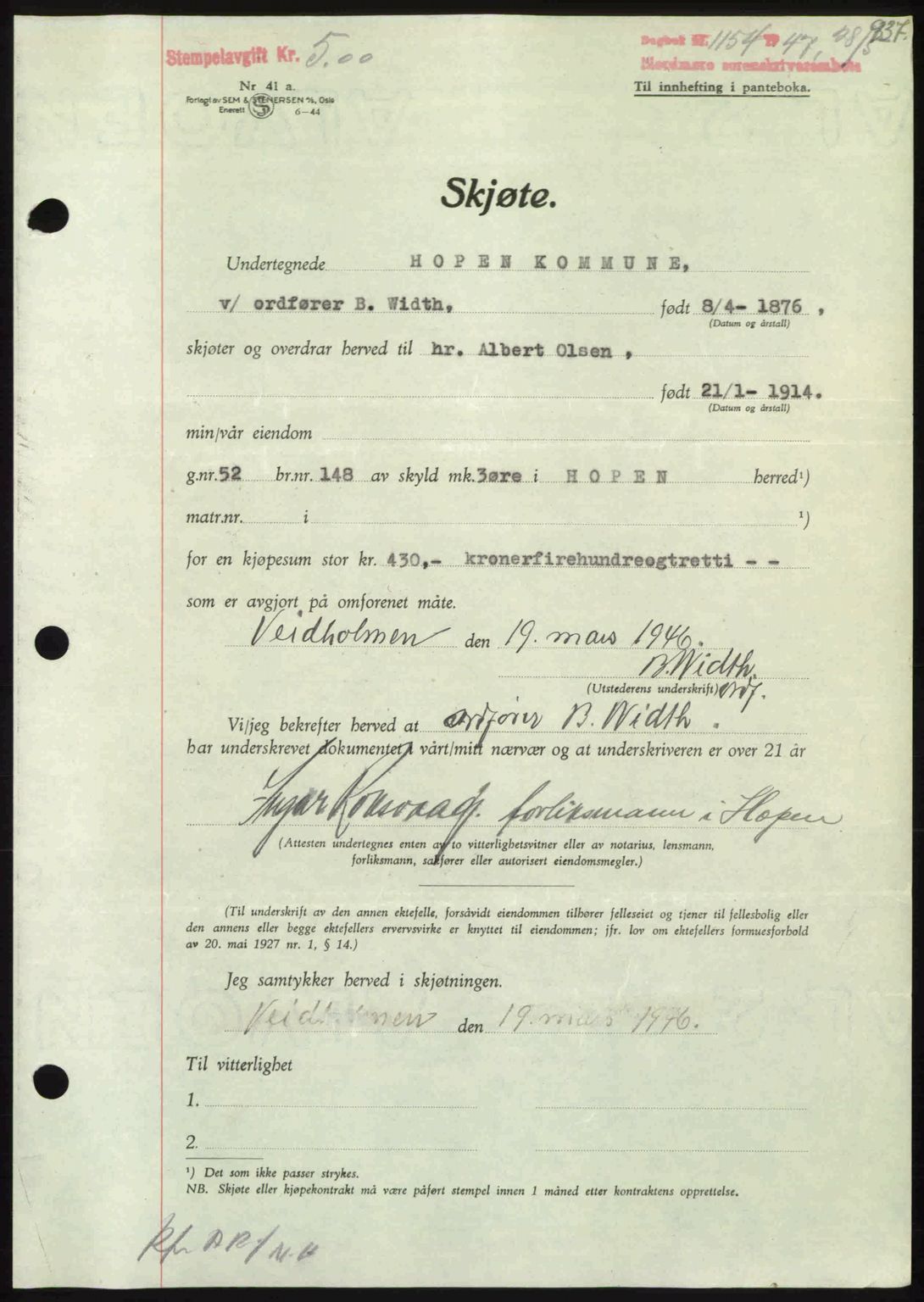 Nordmøre sorenskriveri, SAT/A-4132/1/2/2Ca: Pantebok nr. A104, 1947-1947, Dagboknr: 1154/1947