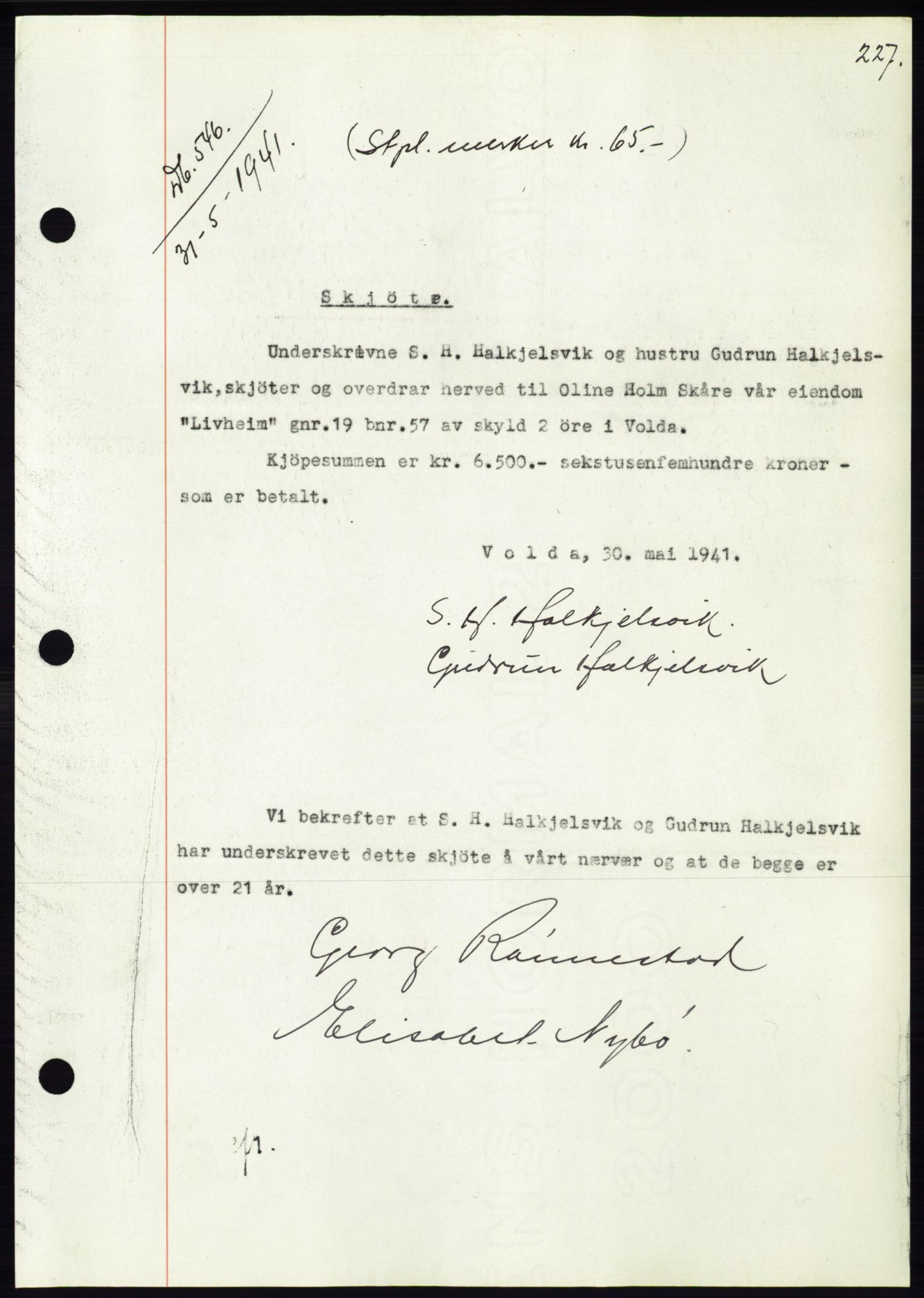 Søre Sunnmøre sorenskriveri, AV/SAT-A-4122/1/2/2C/L0071: Pantebok nr. 65, 1941-1941, Dagboknr: 546/1941