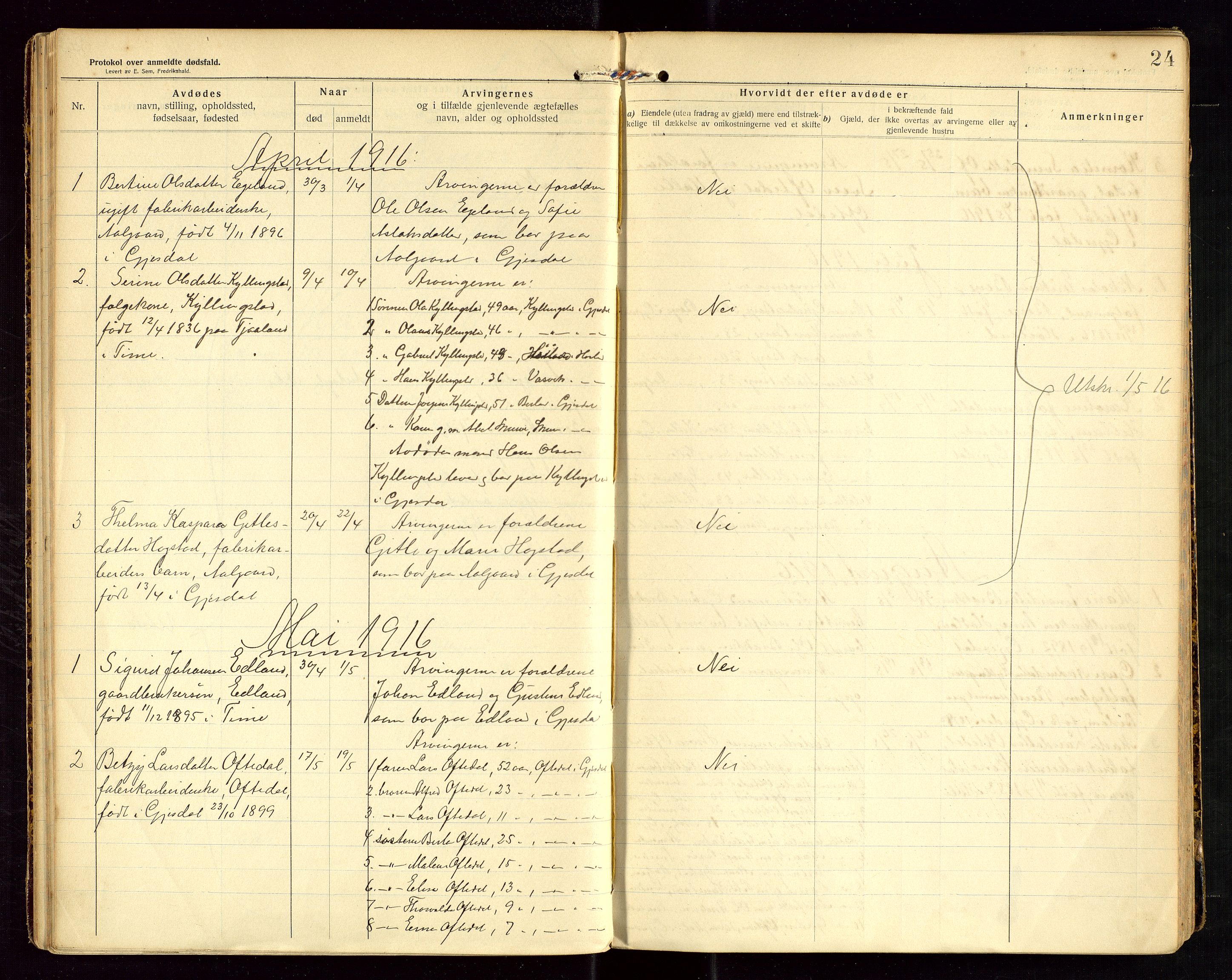 Gjesdal lensmannskontor, SAST/A-100441/Gga/L0002: Dødsfallprotokoll, 1911-1933, s. 24