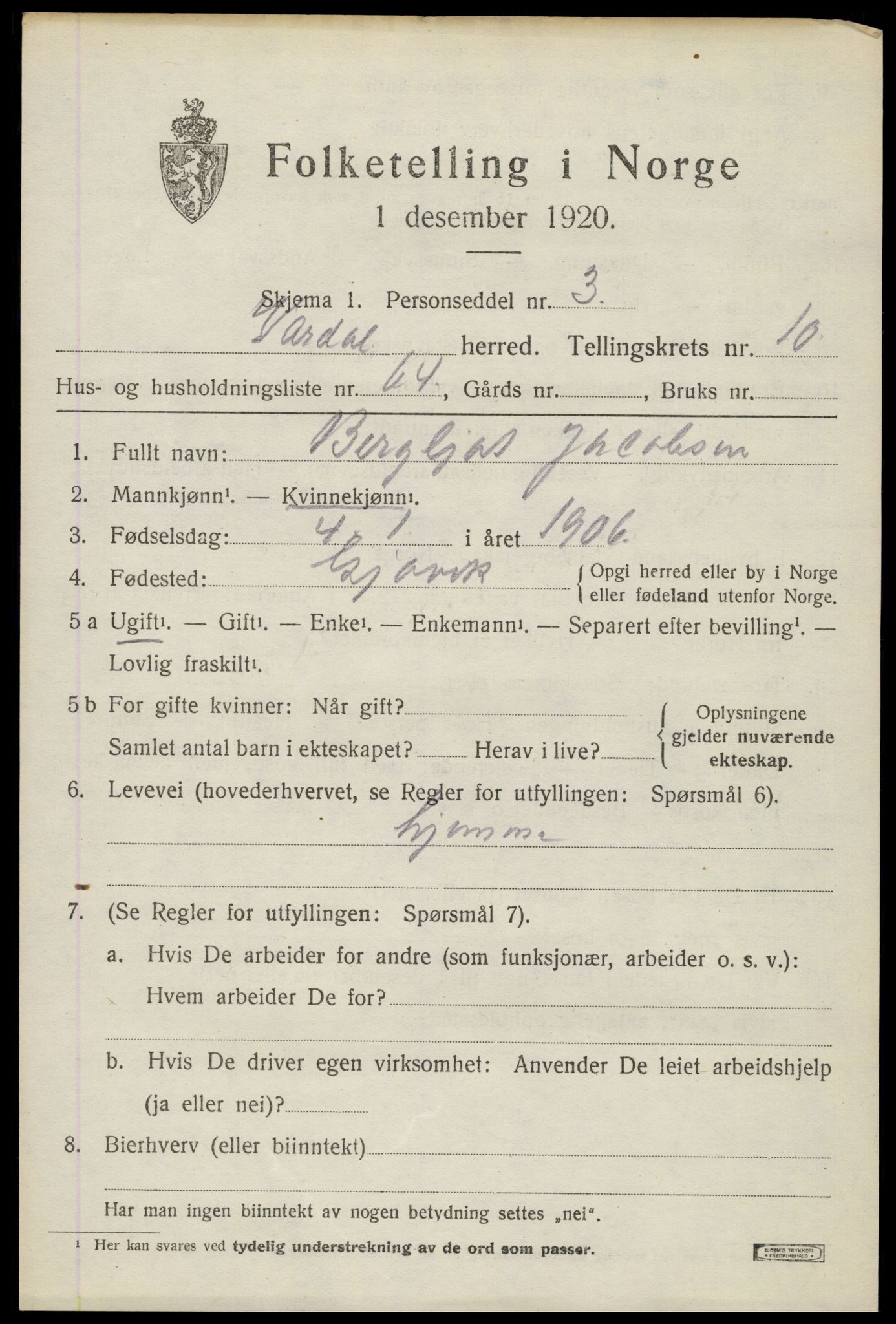 SAH, Folketelling 1920 for 0527 Vardal herred, 1920, s. 9549