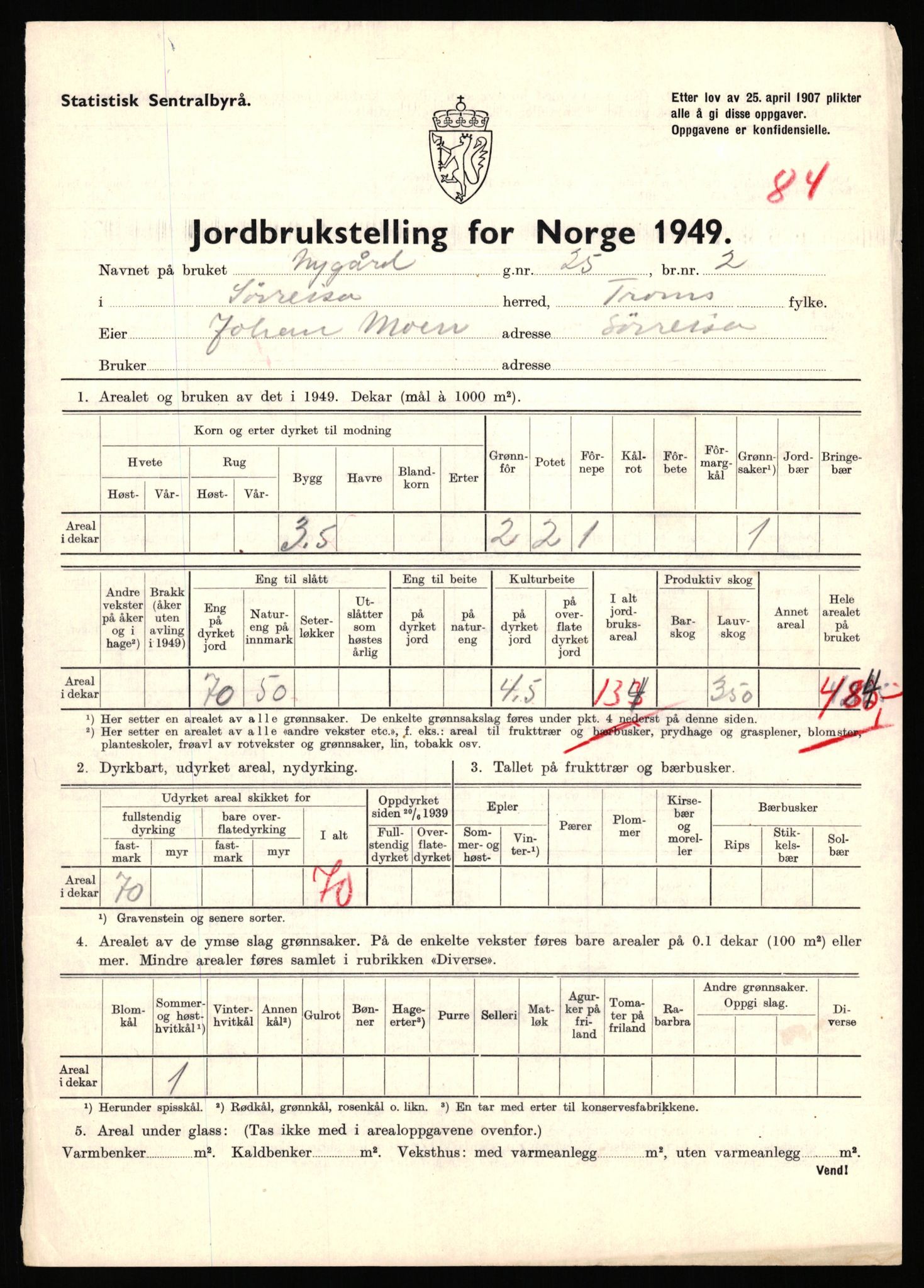 Statistisk sentralbyrå, Næringsøkonomiske emner, Jordbruk, skogbruk, jakt, fiske og fangst, AV/RA-S-2234/G/Gc/L0440: Troms: Sørreisa og Dyrøy, 1949, s. 864