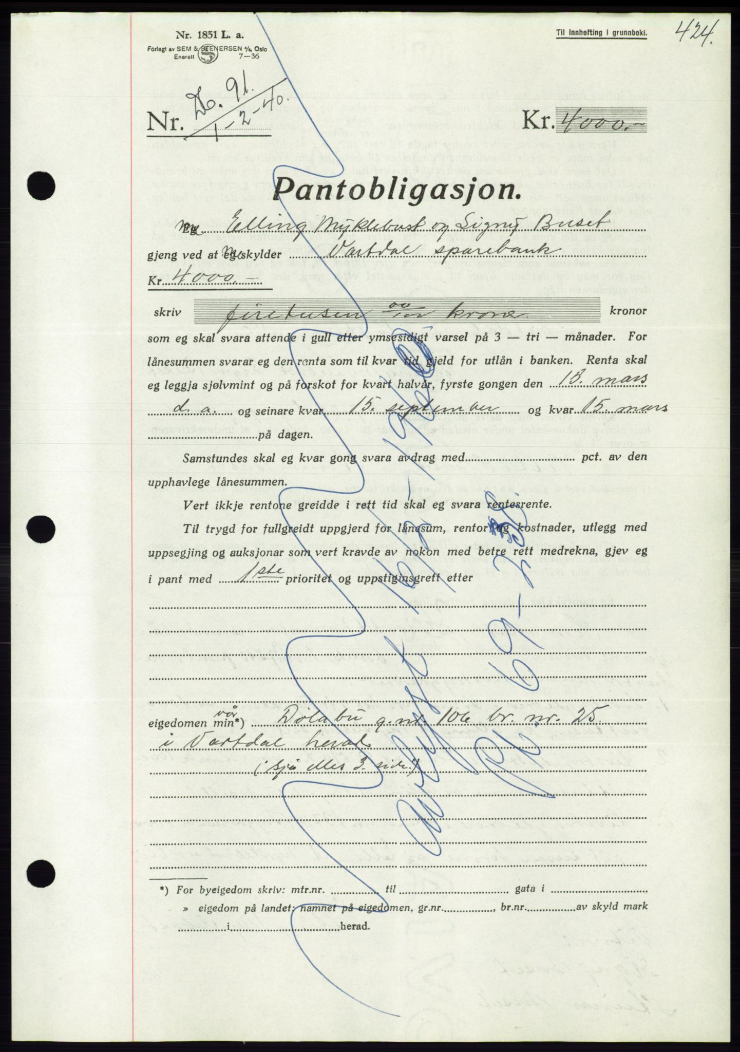 Søre Sunnmøre sorenskriveri, SAT/A-4122/1/2/2C/L0069: Pantebok nr. 63, 1939-1940, Dagboknr: 91/1940