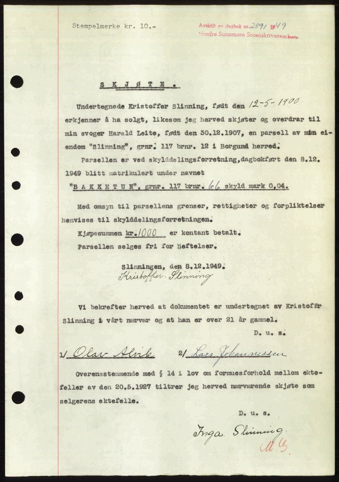 Nordre Sunnmøre sorenskriveri, AV/SAT-A-0006/1/2/2C/2Ca: Pantebok nr. A33, 1949-1950, Dagboknr: 2891/1949