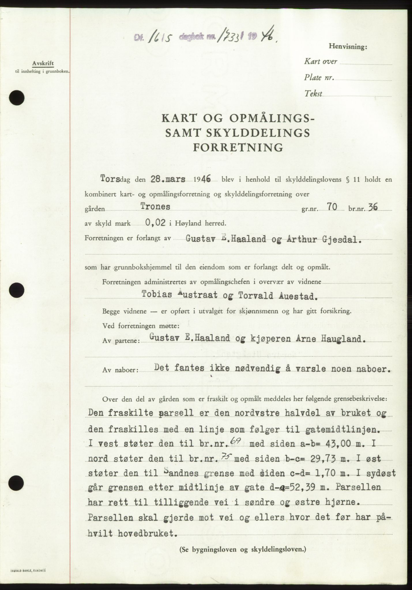 Jæren sorenskriveri, SAST/A-100310/03/G/Gba/L0090: Pantebok, 1946-1946, Dagboknr: 1733/1946