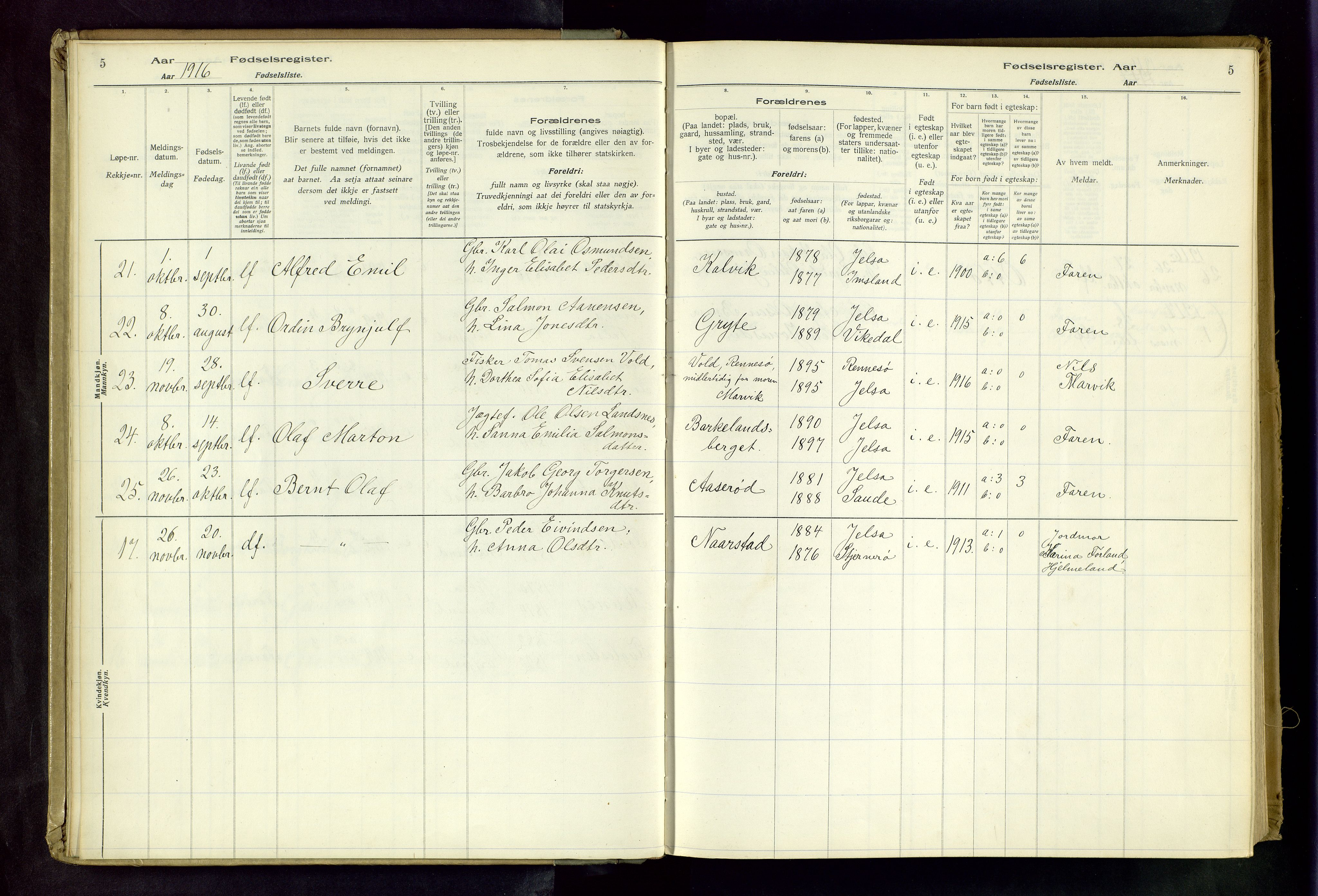 Jelsa sokneprestkontor, AV/SAST-A-101842/03/A/L0013: Fødselsregister nr. 13, 1916-1982, s. 5