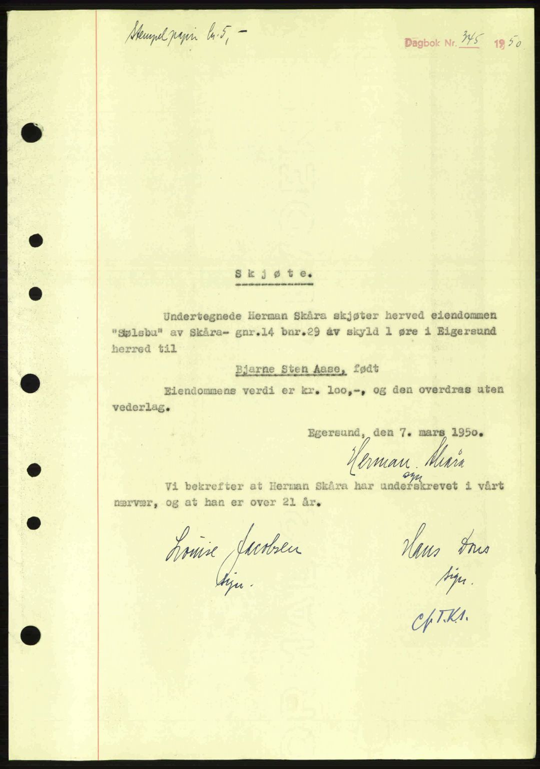 Dalane sorenskriveri, SAST/A-100309/02/G/Gb/L0054: Pantebok nr. A14, 1949-1950, Dagboknr: 345/1950