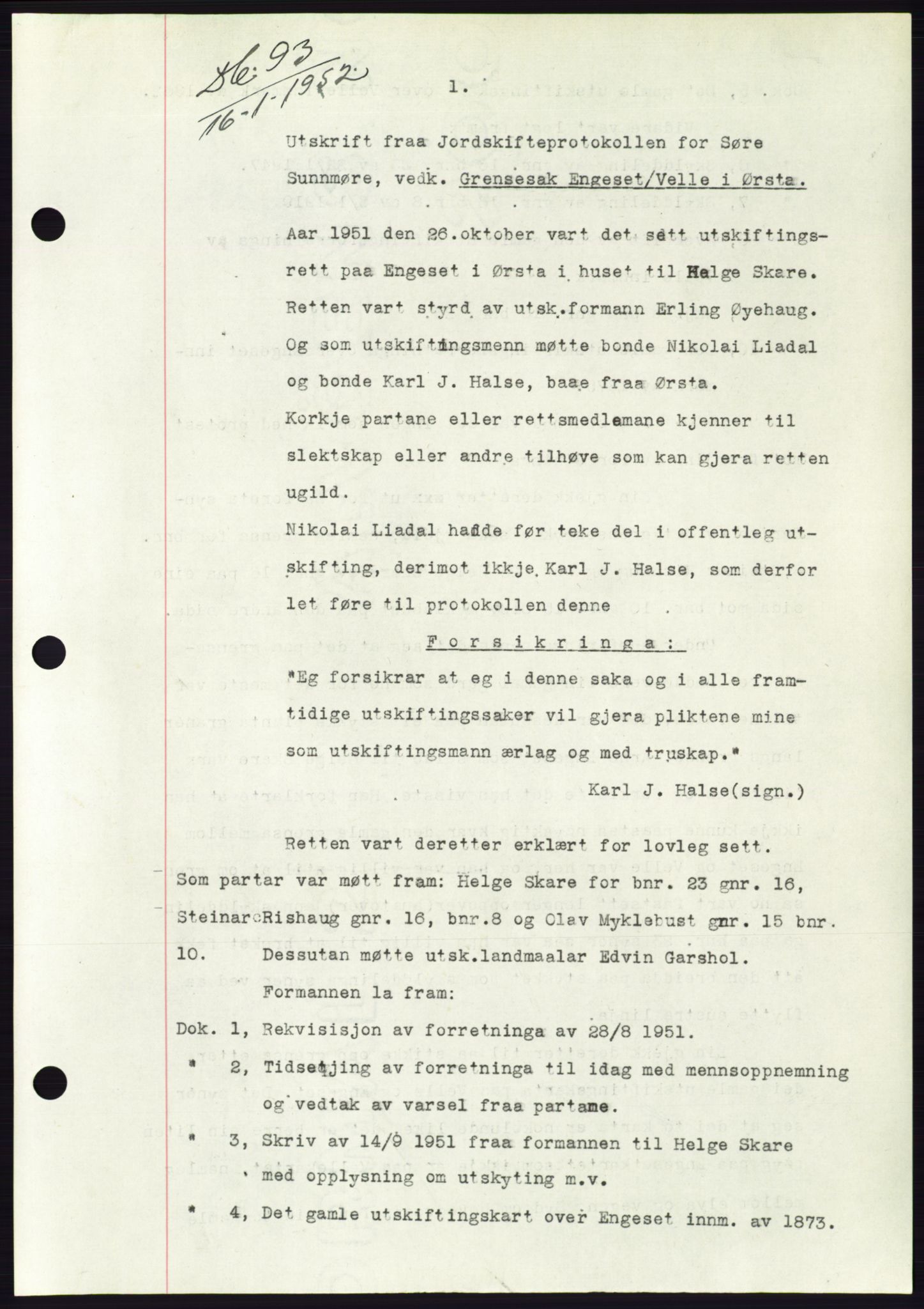 Søre Sunnmøre sorenskriveri, SAT/A-4122/1/2/2C/L0091: Pantebok nr. 17A, 1951-1952, Dagboknr: 93/1952