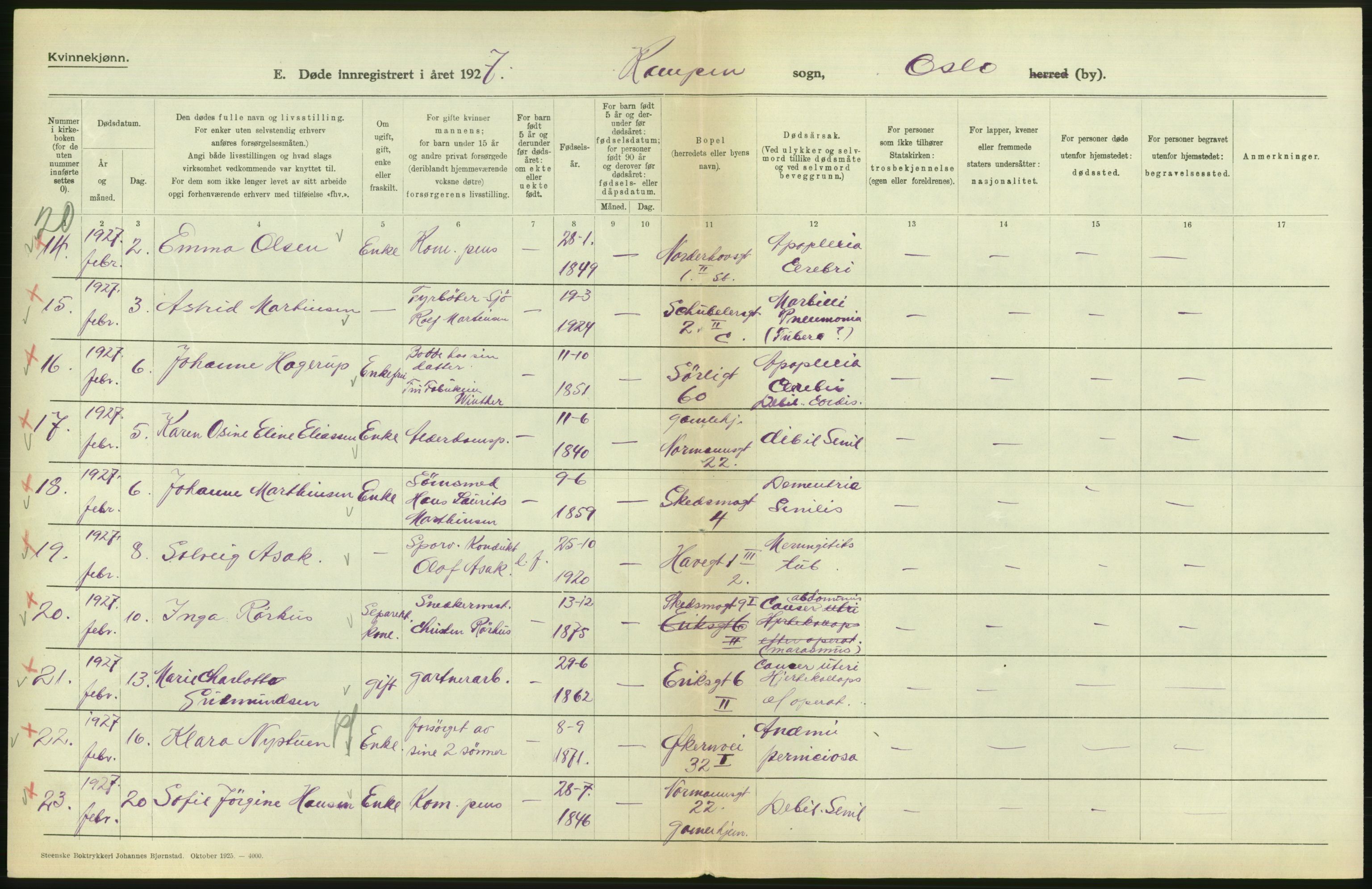 Statistisk sentralbyrå, Sosiodemografiske emner, Befolkning, AV/RA-S-2228/D/Df/Dfc/Dfcg/L0010: Oslo: Døde kvinner, dødfødte, 1927, s. 538