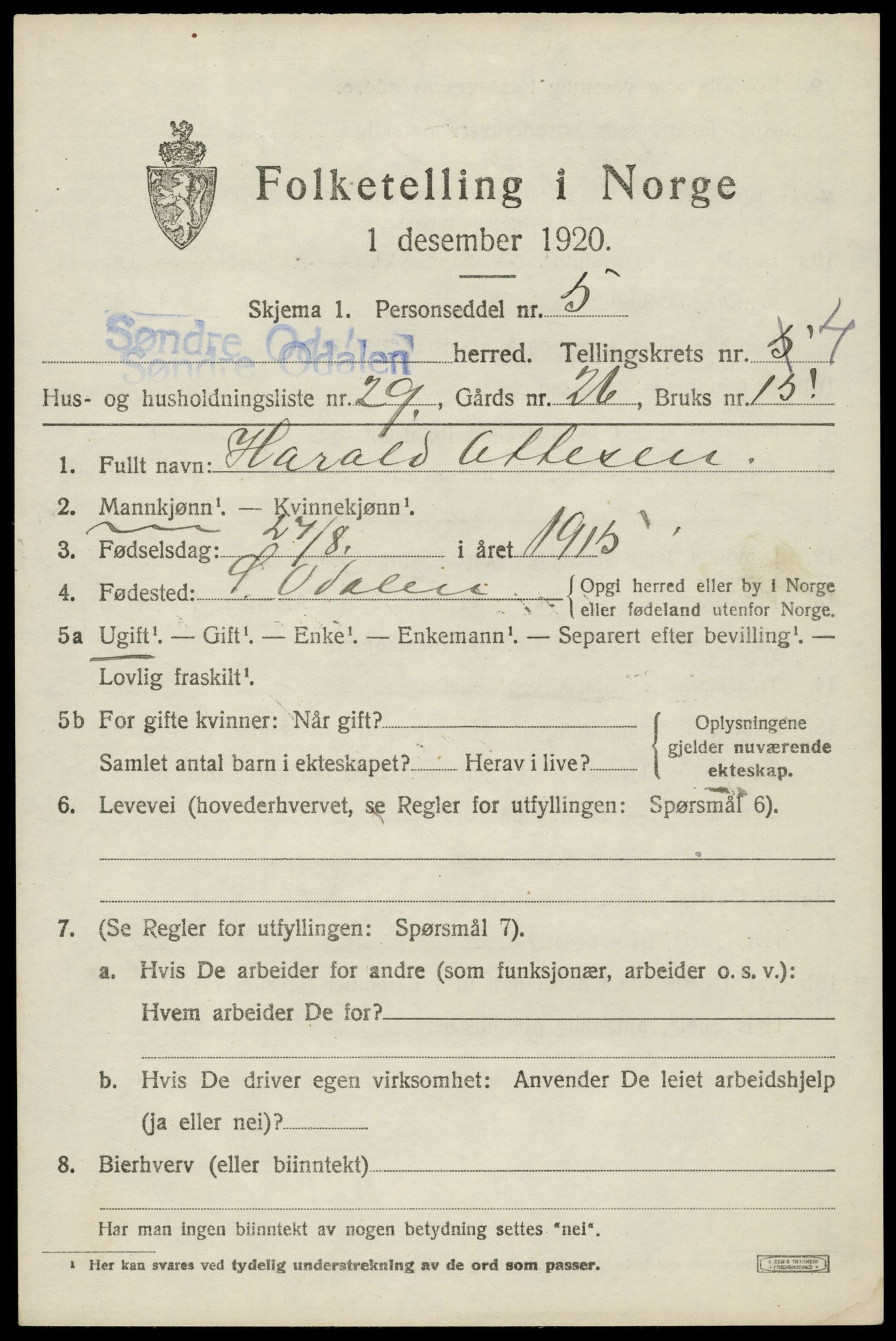 SAH, Folketelling 1920 for 0419 Sør-Odal herred, 1920, s. 5311