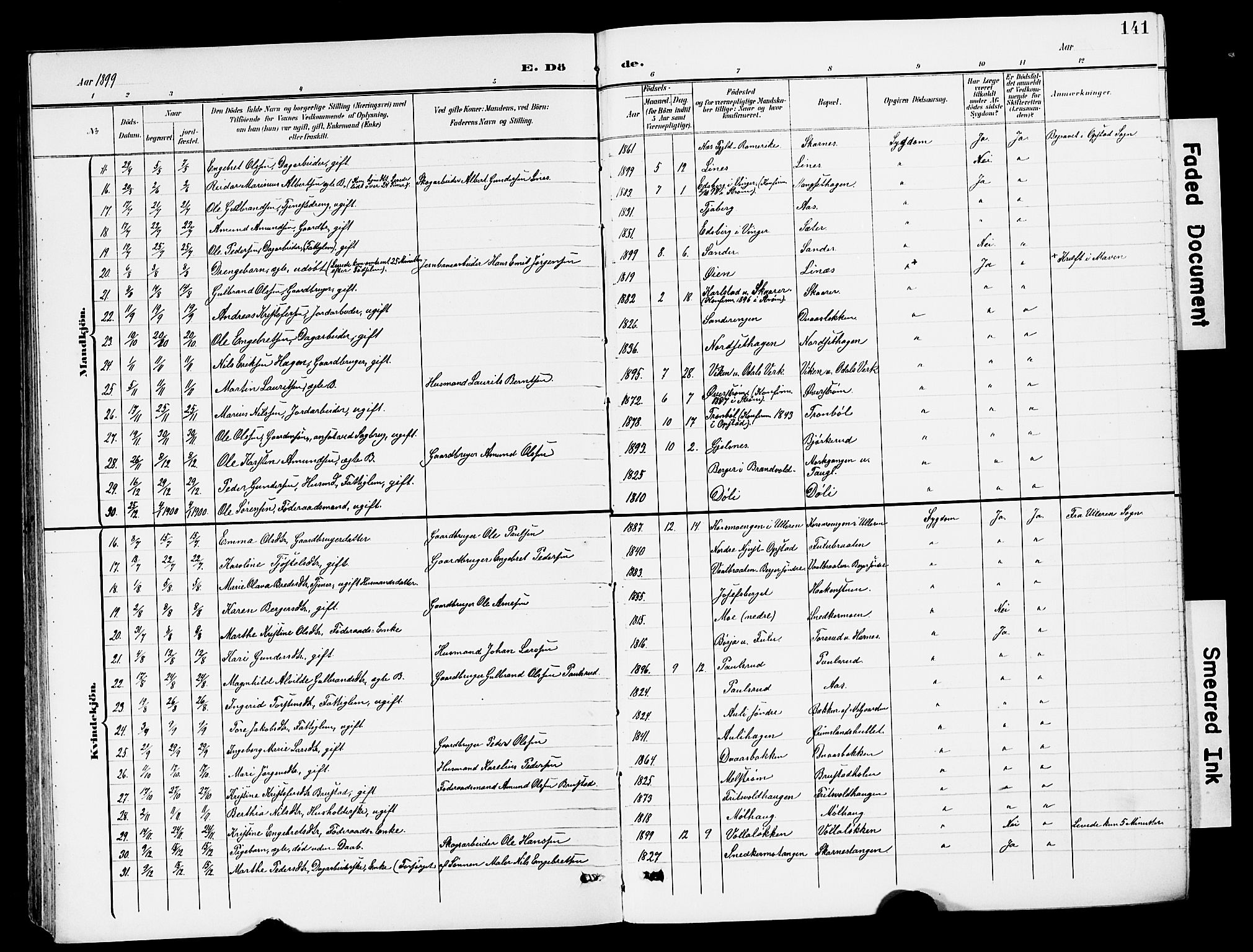 Sør-Odal prestekontor, SAH/PREST-030/H/Ha/Hab/L0001: Klokkerbok nr. 1, 1895-1902, s. 141