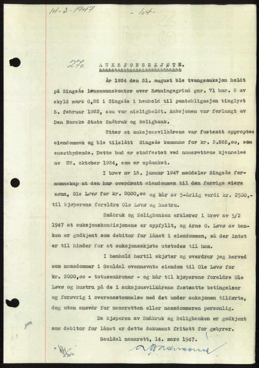 Gauldal sorenskriveri, SAT/A-0014/1/2/2C: Pantebok nr. A3, 1947-1947, Dagboknr: 270/1947