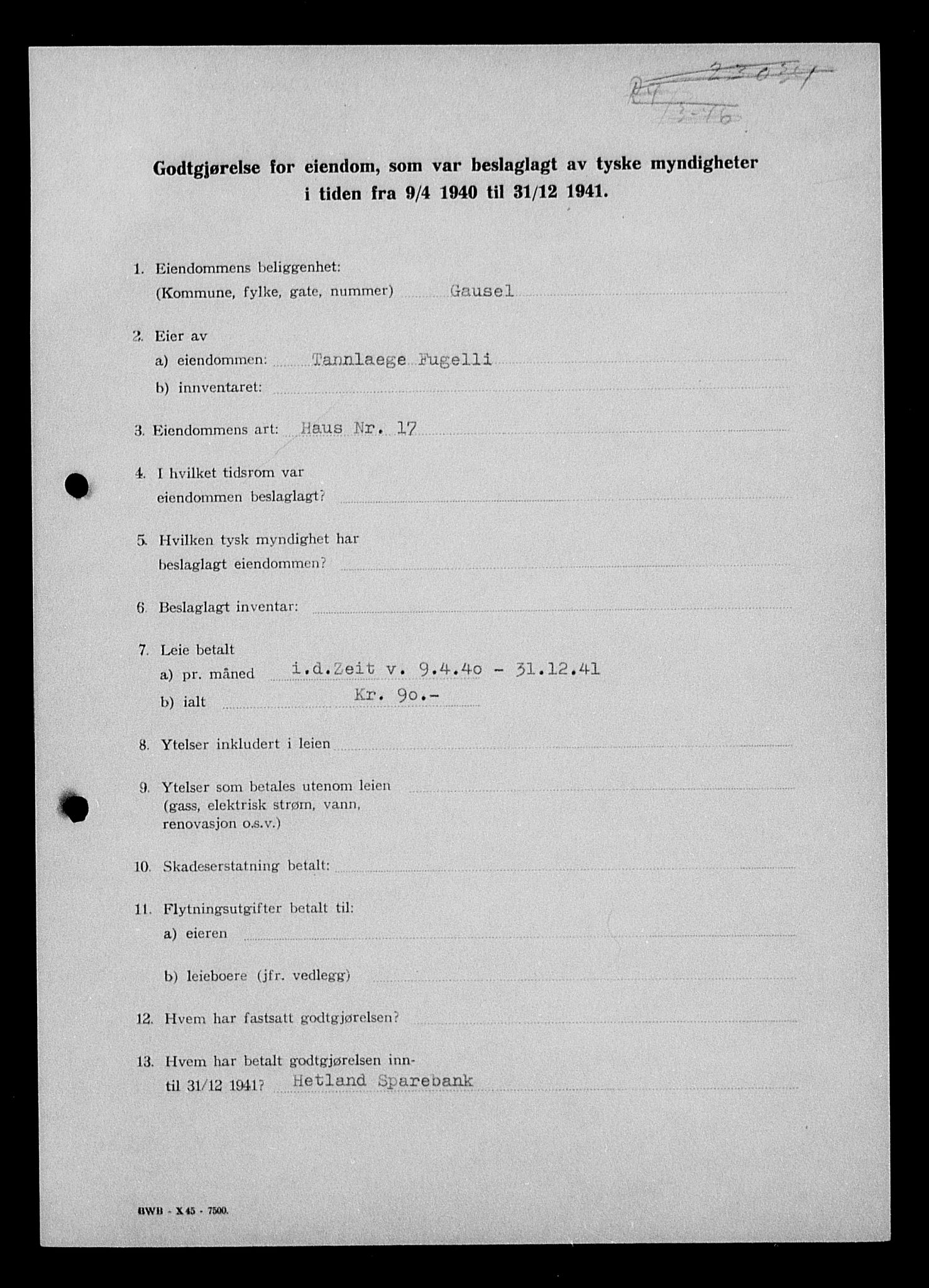 Justisdepartementet, Tilbakeføringskontoret for inndratte formuer, AV/RA-S-1564/I/L1015: Godtgjørelse for beslaglagt eiendom, 1940-1941, s. 455