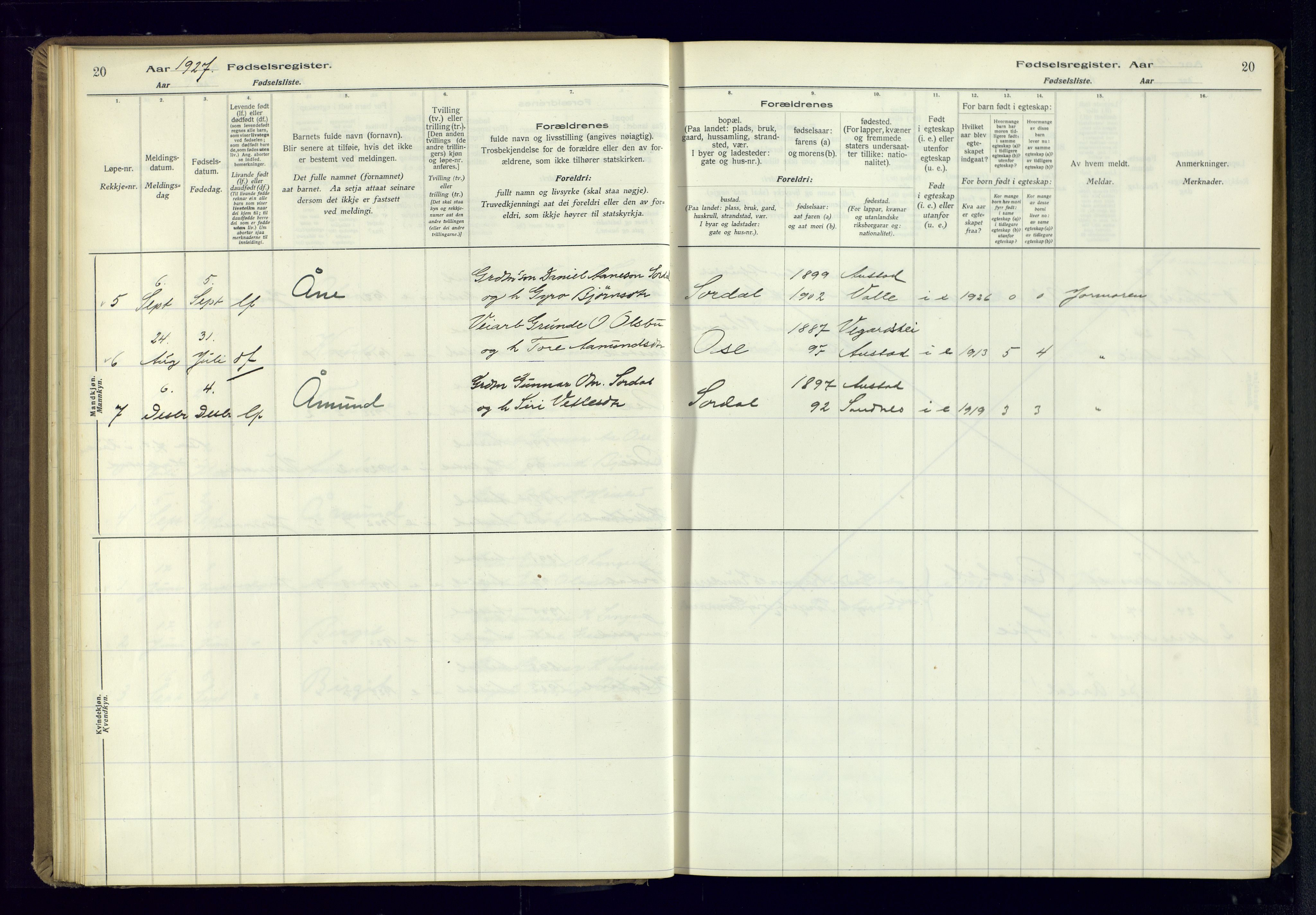 Bygland sokneprestkontor, AV/SAK-1111-0006/J/Ja/L0002: Fødselsregister nr. II.4.3, 1916-1982, s. 20