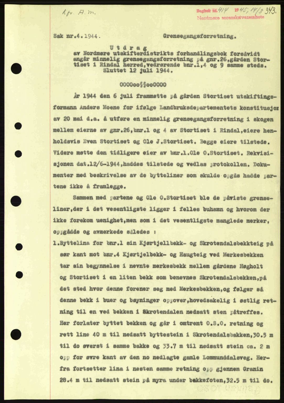 Nordmøre sorenskriveri, SAT/A-4132/1/2/2Ca: Pantebok nr. A99, 1945-1945, Dagboknr: 414/1945
