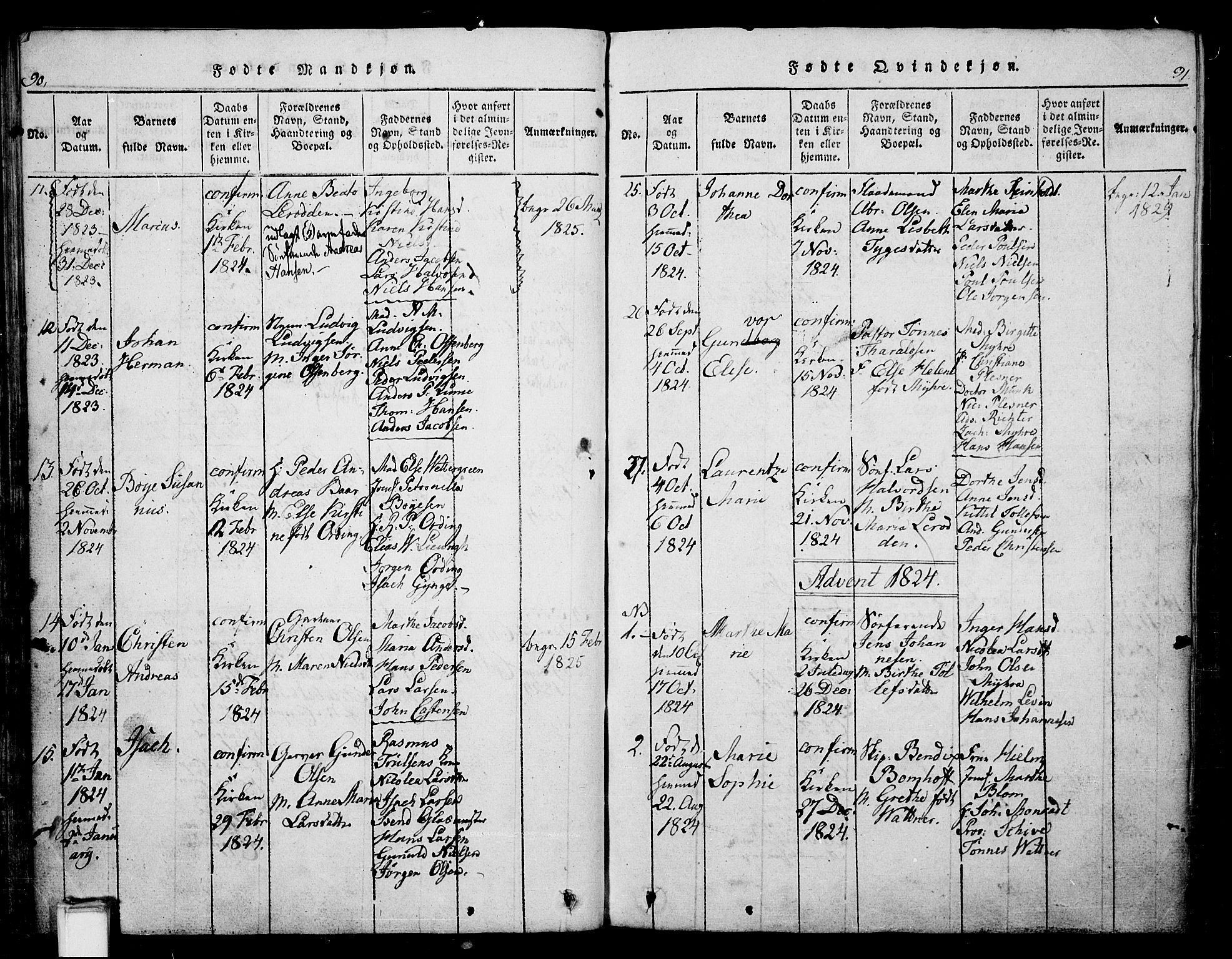 Skien kirkebøker, AV/SAKO-A-302/G/Ga/L0002: Klokkerbok nr. 2, 1814-1842, s. 90-91