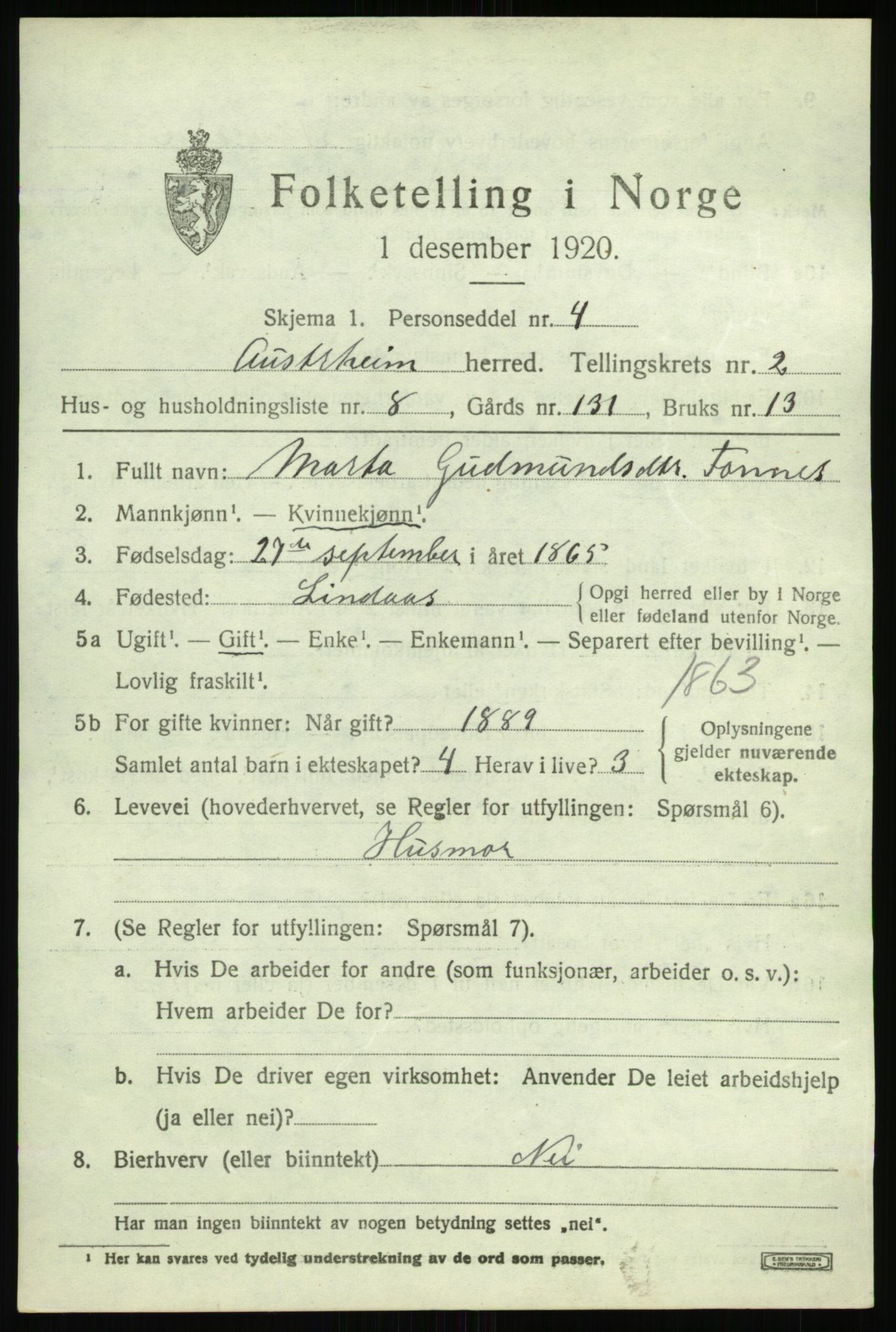 SAB, Folketelling 1920 for 1264 Austrheim herred, 1920, s. 1352