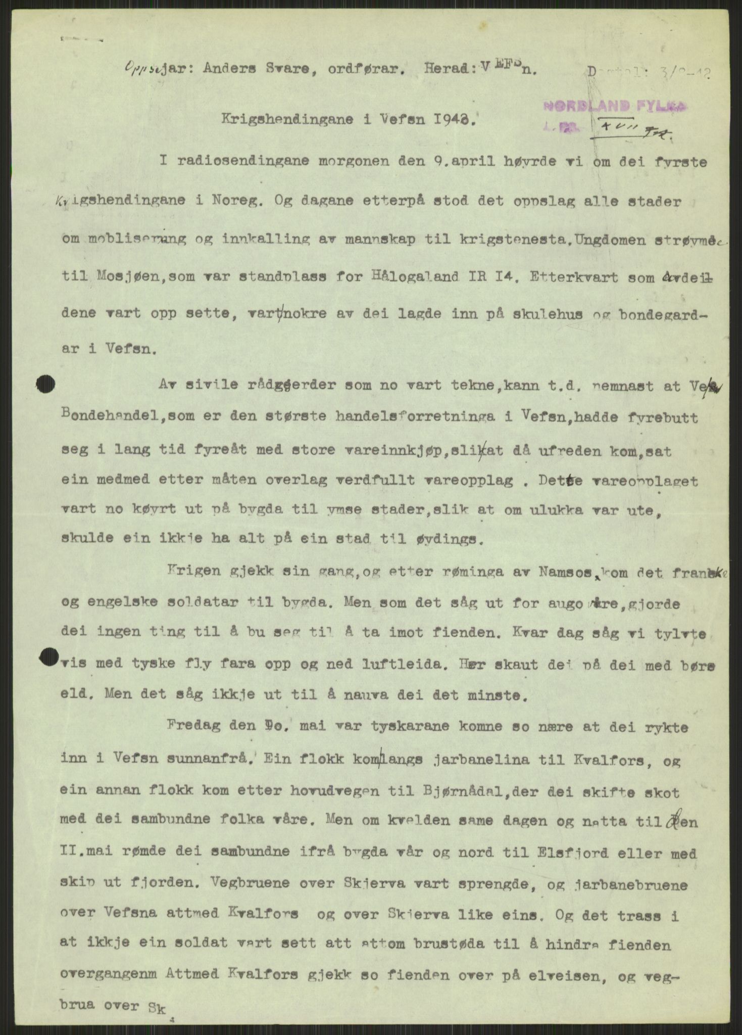 Forsvaret, Forsvarets krigshistoriske avdeling, AV/RA-RAFA-2017/Y/Ya/L0017: II-C-11-31 - Fylkesmenn.  Rapporter om krigsbegivenhetene 1940., 1940, s. 354