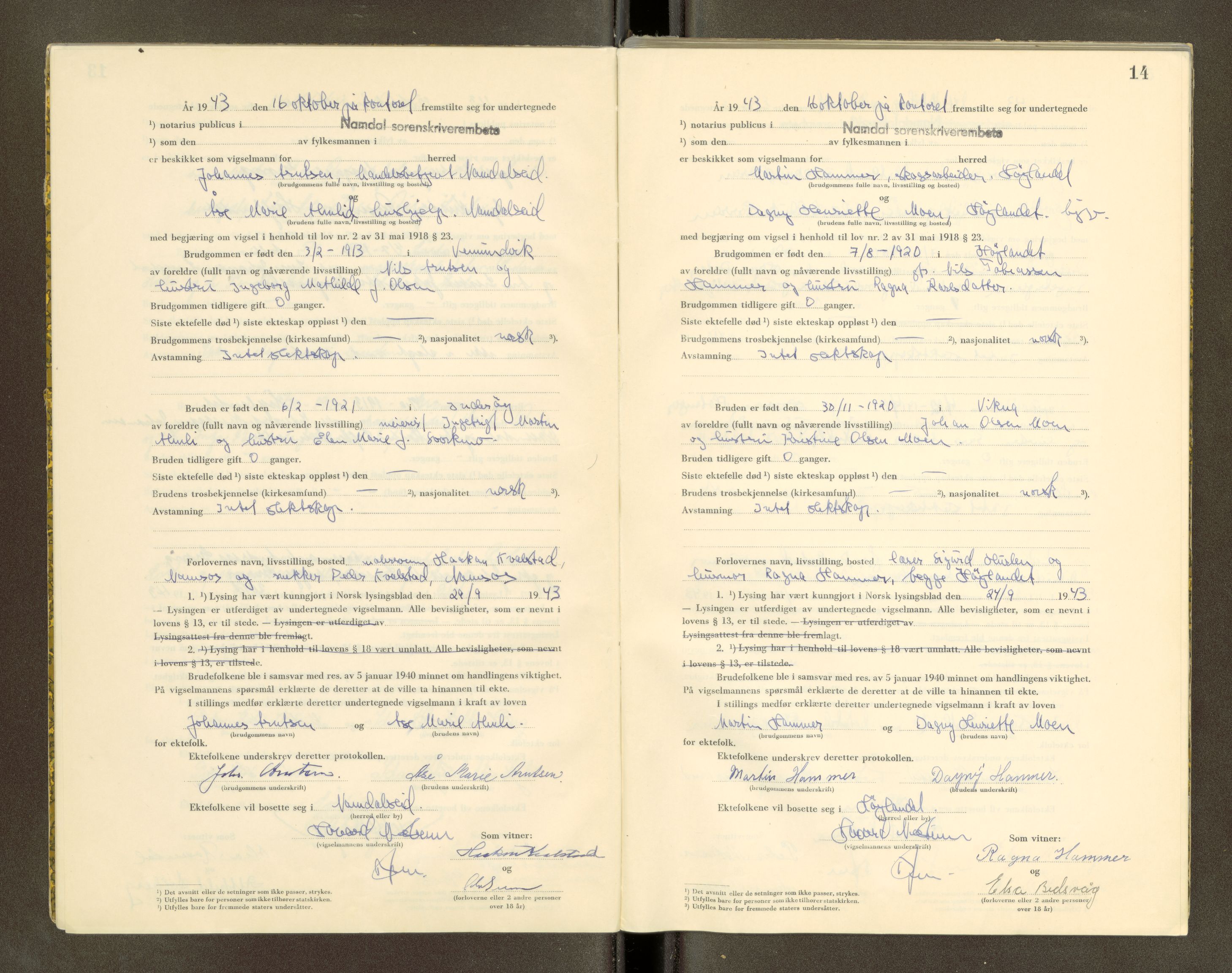 Namdal sorenskriveri, SAT/A-4133/1/6/6D/L0001: Vigselbøker, 1940-1948, s. 14