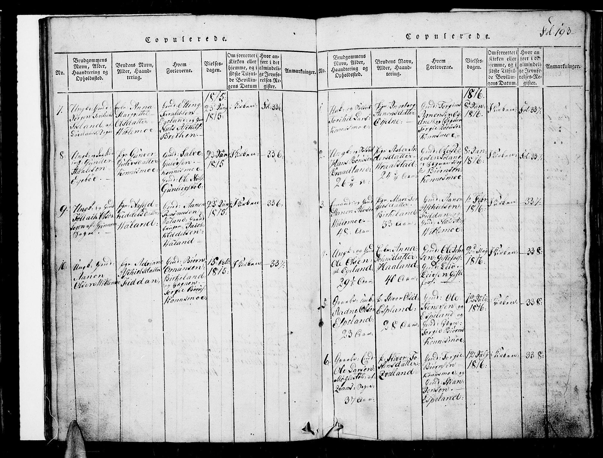 Nord-Audnedal sokneprestkontor, SAK/1111-0032/F/Fb/Fba/L0001: Klokkerbok nr. B 1, 1815-1856, s. 193