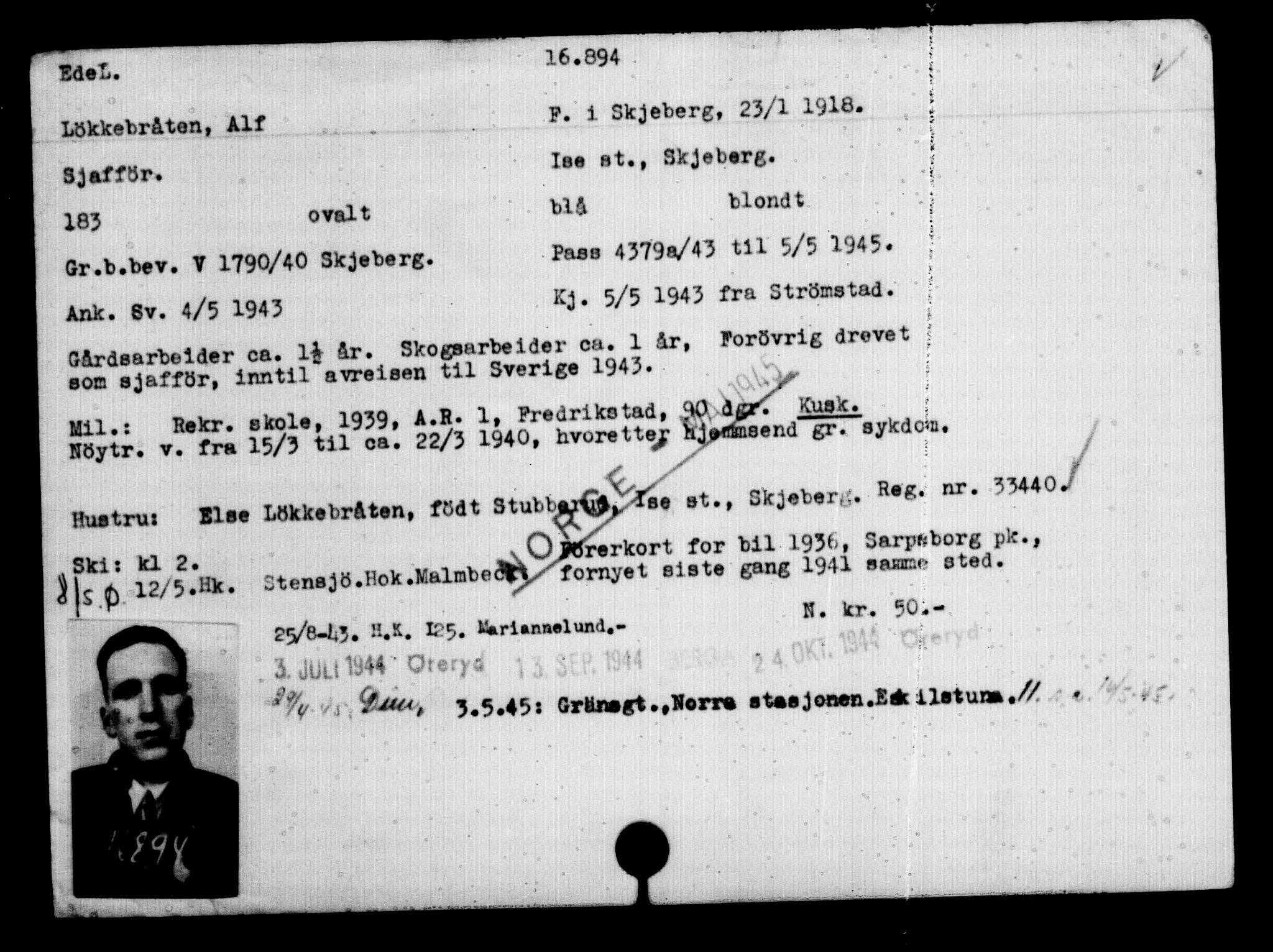 Utenriksstasjonene, Legasjonen i Stockholm, Flyktningkontoret, AV/RA-S-6753/V/Va/L0008: Kjesäterkartoteket, flyktninger med registreringsnr. 15700-18547, 1940-1945, s. 1302