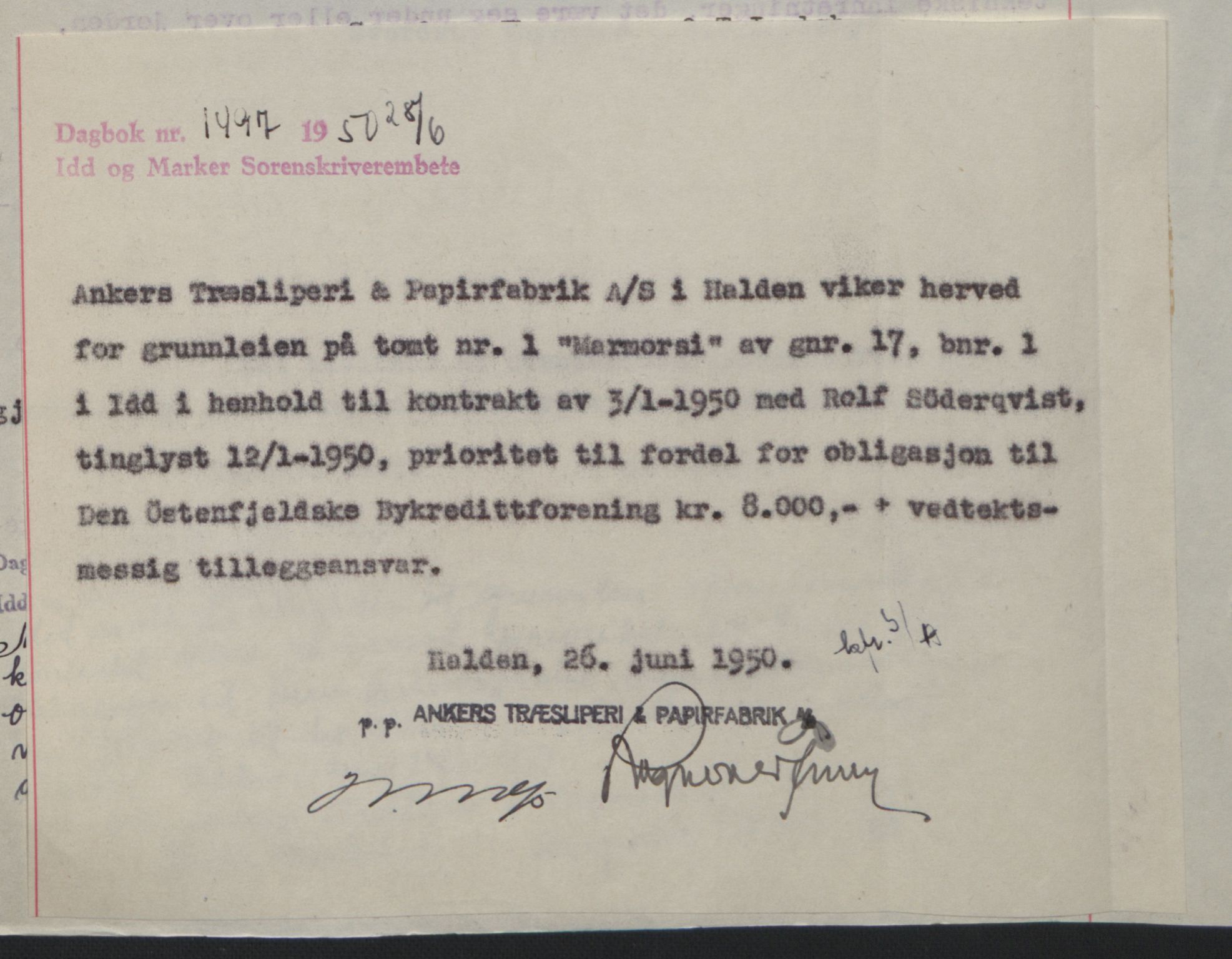 Idd og Marker sorenskriveri, SAO/A-10283/G/Gb/Gbb/L0013: Pantebok nr. A13, 1949-1950, Dagboknr: 1497/1950