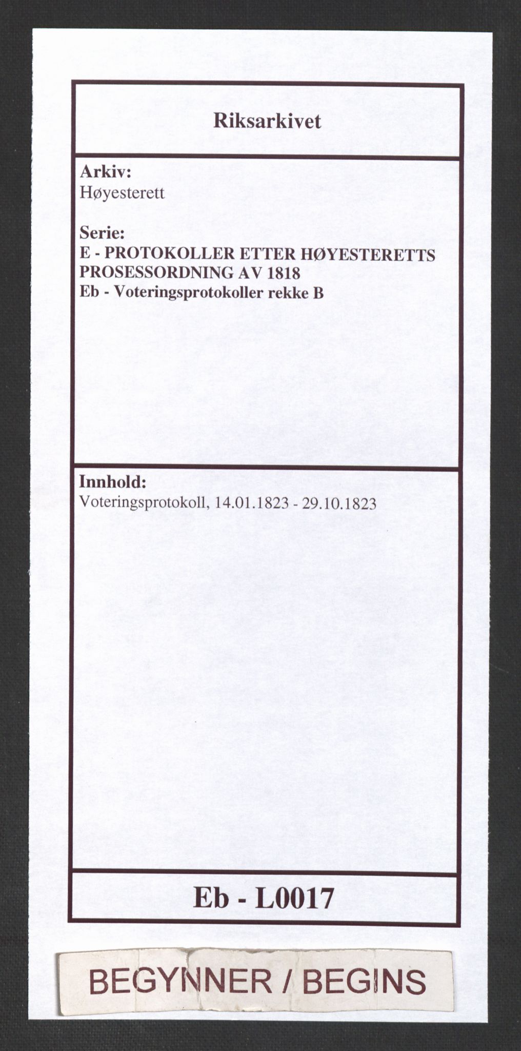 Høyesterett, RA/S-1002/E/Eb/Eba/L0009/0001: Voteringsprotokoller / Voteringsprotokoll, 1823