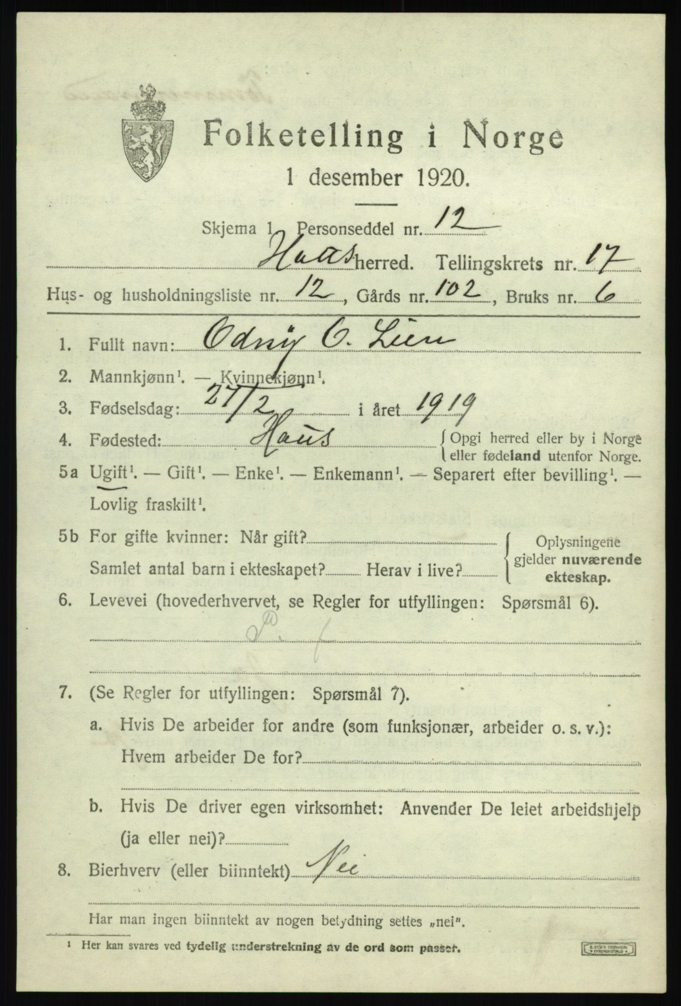 SAB, Folketelling 1920 for 1250 Haus herred, 1920, s. 10962