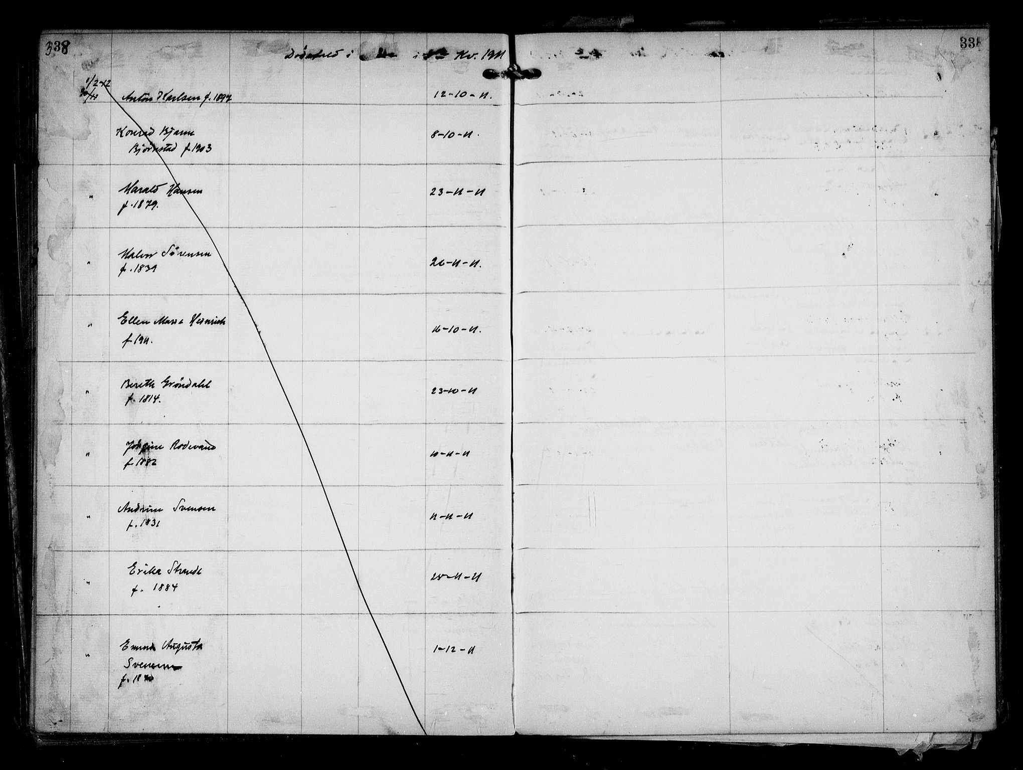 Aker kriminaldommer, skifte- og auksjonsforvalterembete, SAO/A-10452/H/Hb/Hba/Hbaa/L0002: Dødsfallsprotokoll, 1907-1912, s. 338