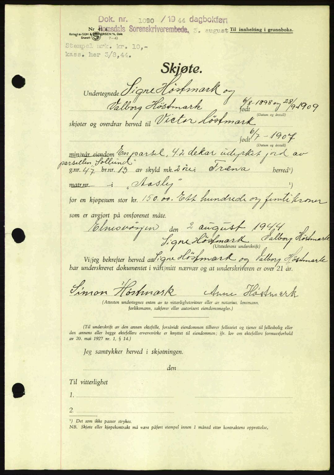 Romsdal sorenskriveri, SAT/A-4149/1/2/2C: Pantebok nr. A16, 1944-1944, Dagboknr: 1090/1944