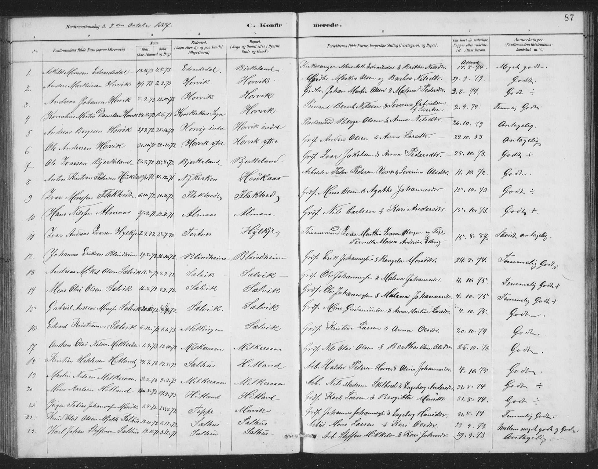 Åsane sokneprestembete, AV/SAB-A-79401/H/Hab: Klokkerbok nr. A 2, 1885-1898, s. 87