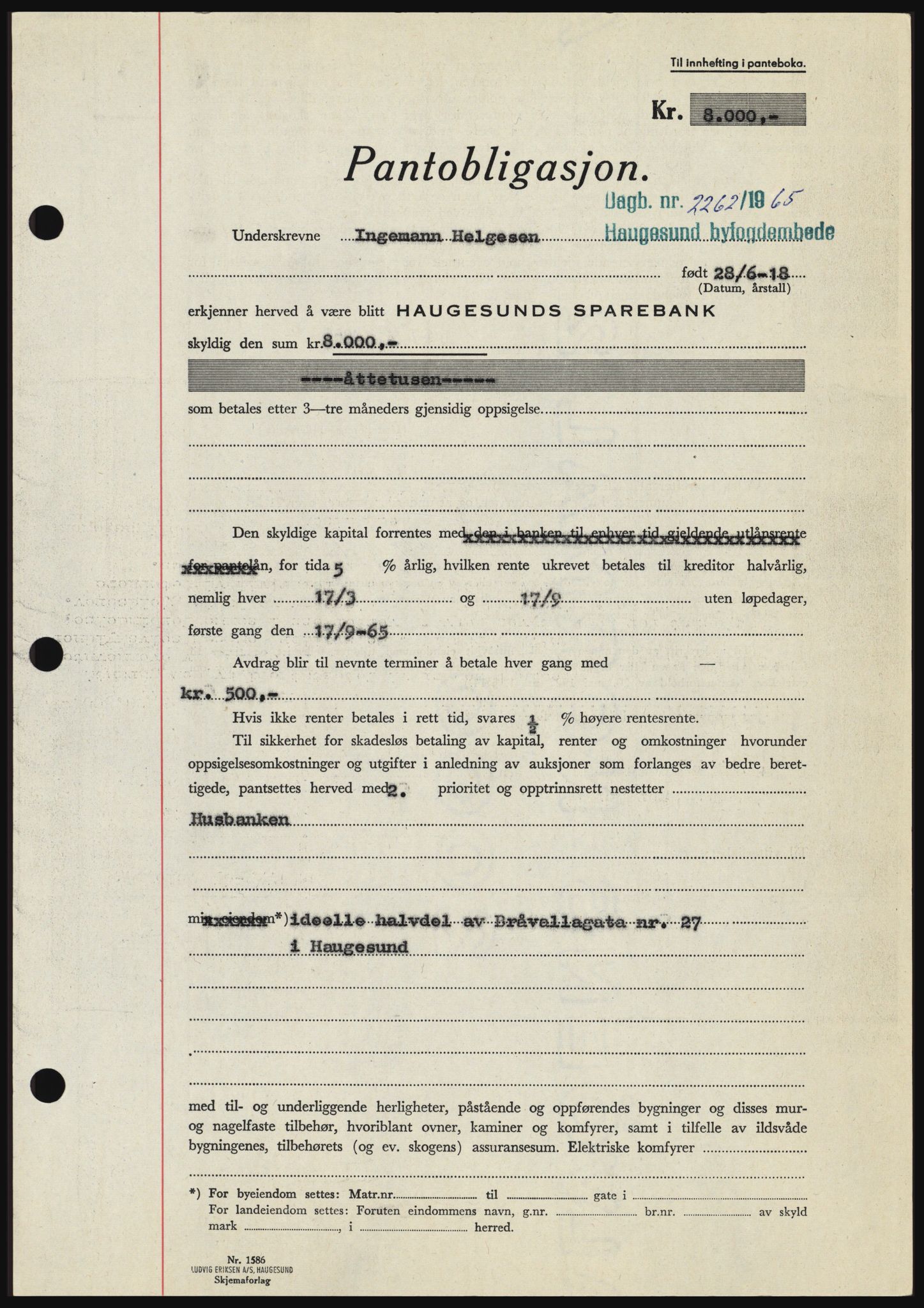 Haugesund tingrett, SAST/A-101415/01/II/IIC/L0054: Pantebok nr. B 54, 1965-1966, Dagboknr: 2262/1965