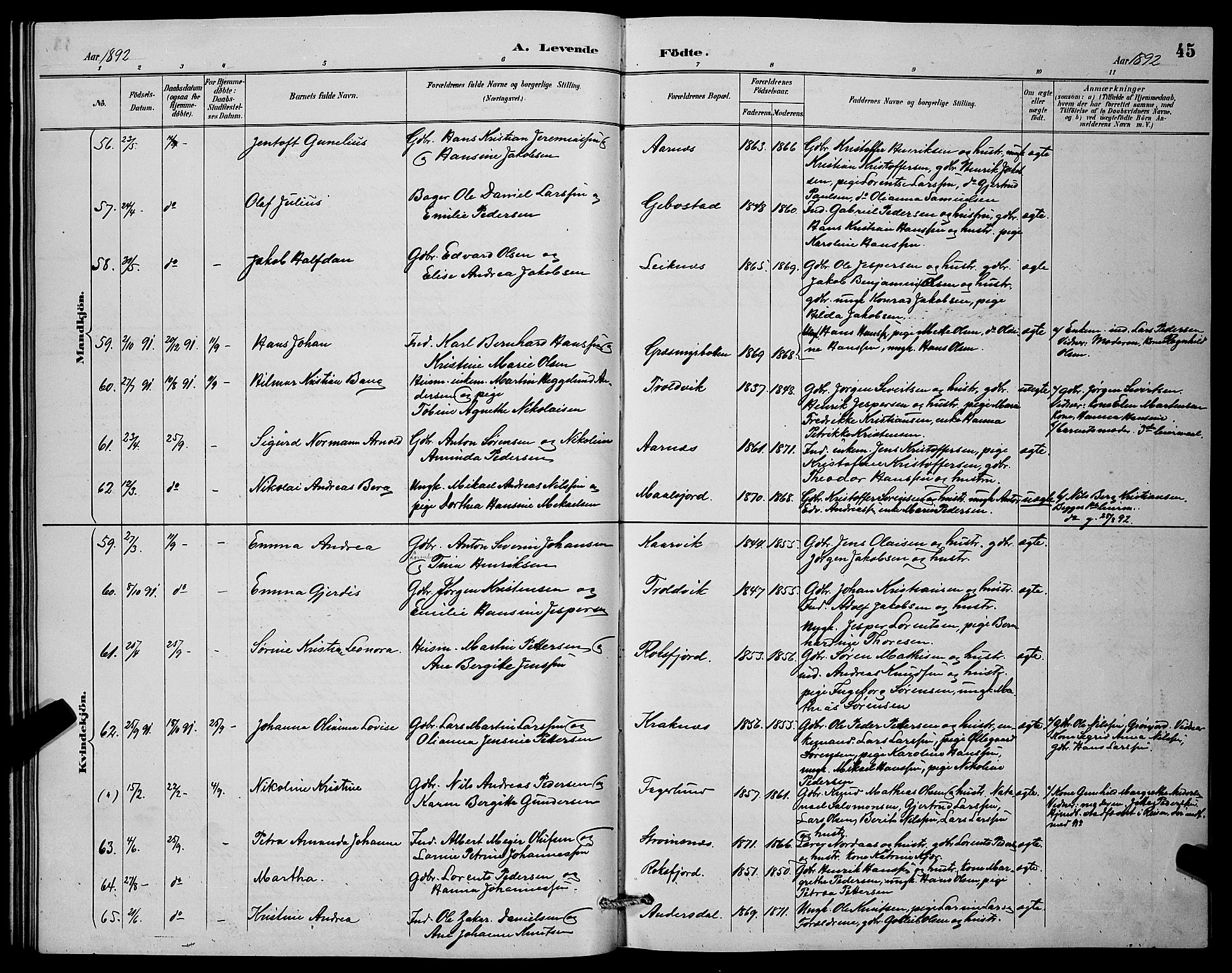 Lenvik sokneprestembete, AV/SATØ-S-1310/H/Ha/Hab/L0007klokker: Klokkerbok nr. 7, 1890-1898, s. 45