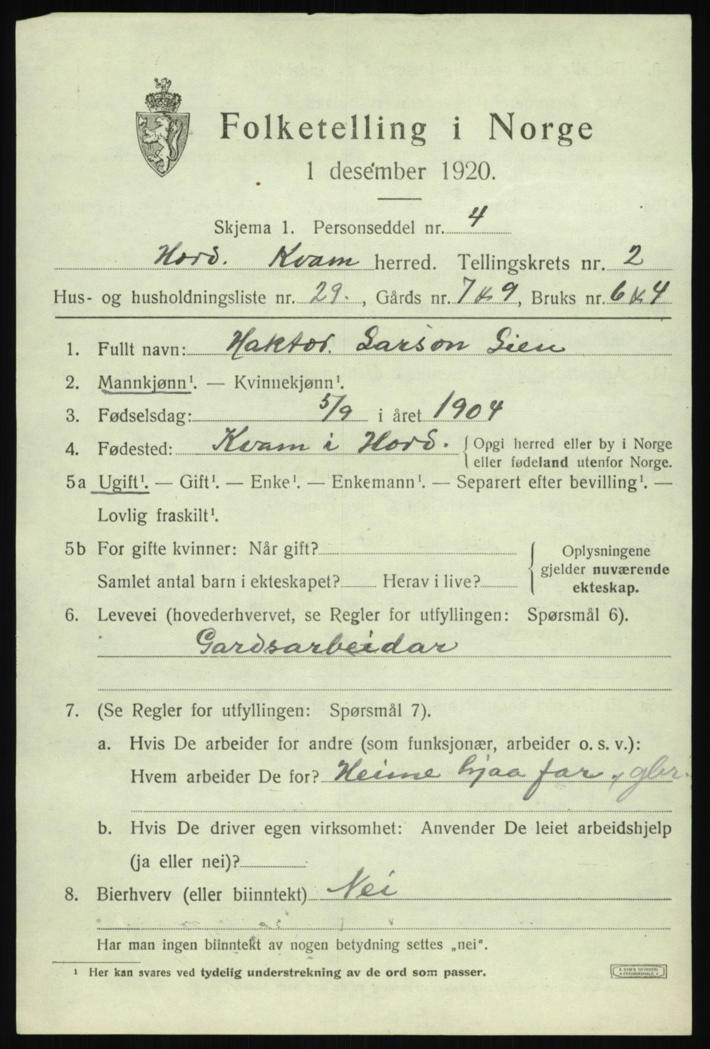 SAB, Folketelling 1920 for 1238 Kvam herred, 1920, s. 2511