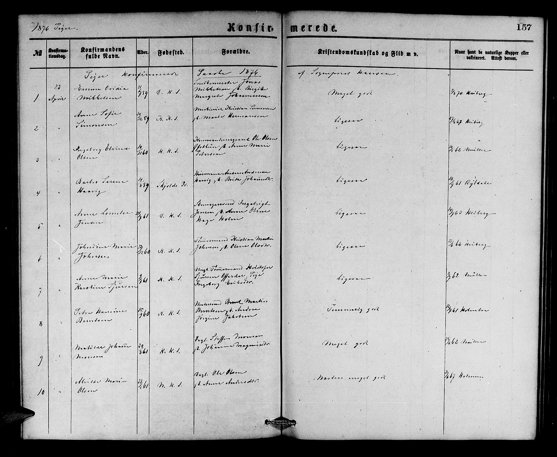 Korskirken sokneprestembete, SAB/A-76101/H/Hab: Klokkerbok nr. C 2, 1869-1879, s. 157