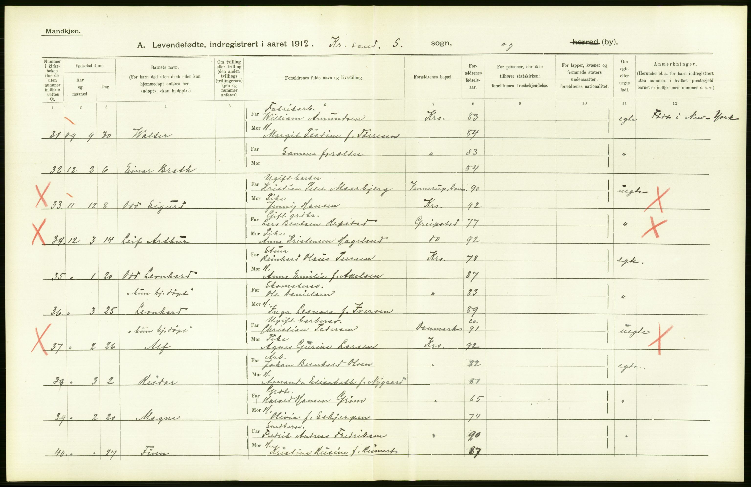 Statistisk sentralbyrå, Sosiodemografiske emner, Befolkning, AV/RA-S-2228/D/Df/Dfb/Dfbb/L0024: Lister og Mandals amt: Levendefødte menn og kvinner. Bygder og byer., 1912, s. 96