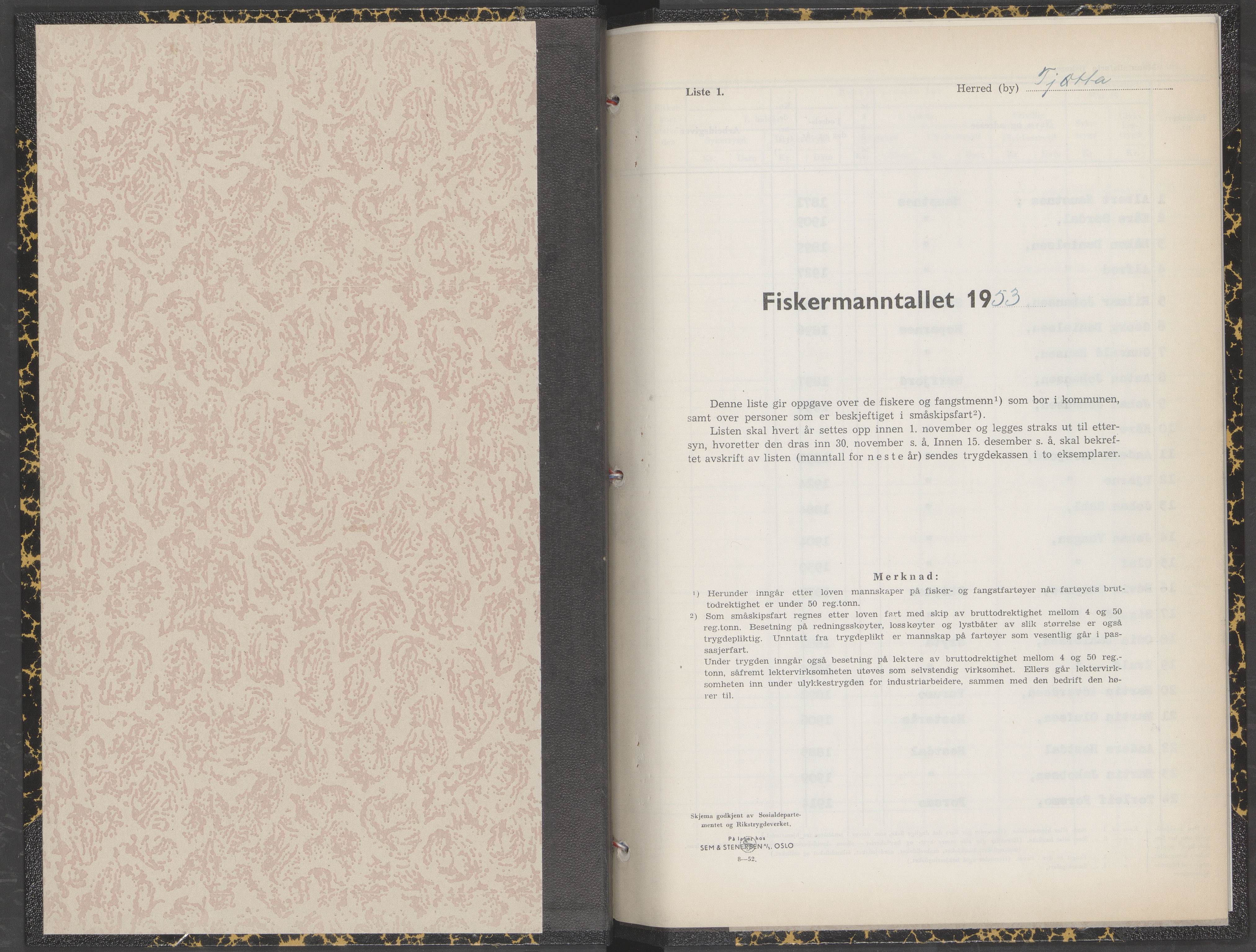 Tjøtta kommune. Fiskermanntallsnemnd, AIN/K-18171.625/Fa/L0001: Fiskermanntallet, 1952-1953