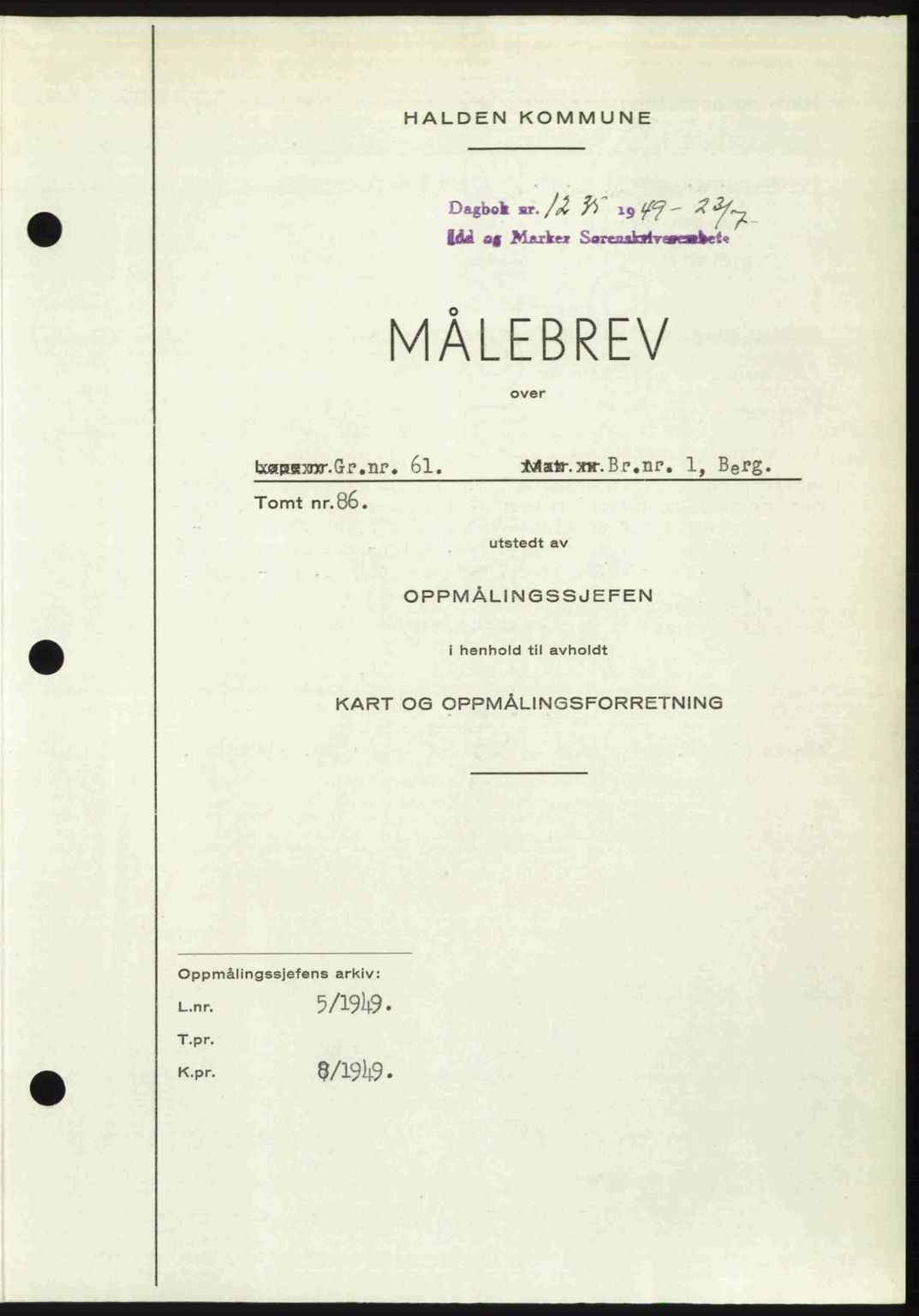 Idd og Marker sorenskriveri, AV/SAO-A-10283/G/Gb/Gbb/L0012: Pantebok nr. A12, 1949-1949, Dagboknr: 1235/1949