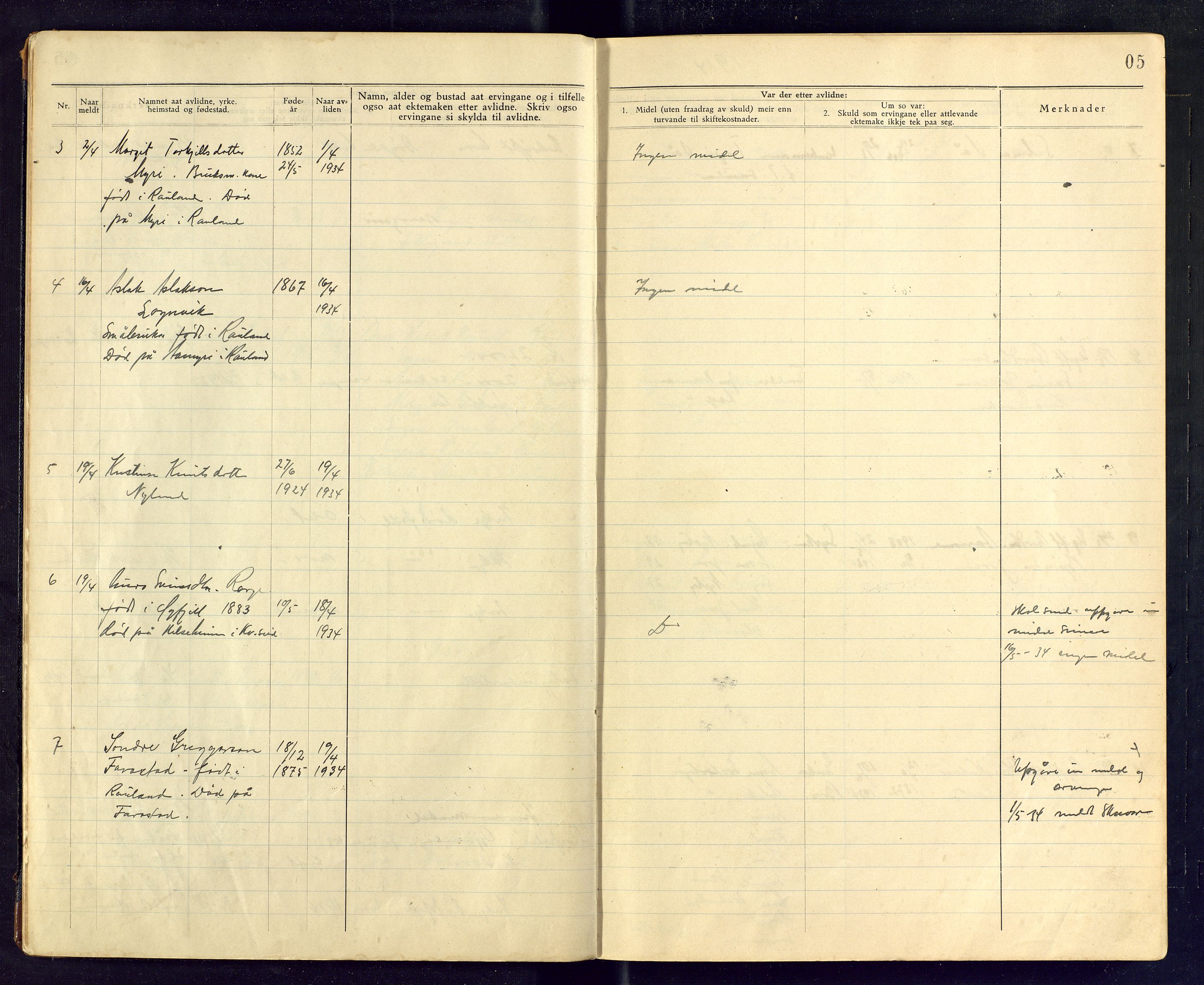 Rauland lensmannskontor, AV/SAKO-A-568/H/Ha/L0002: Dødsfallsprotokoll, 1932-1959, s. 5