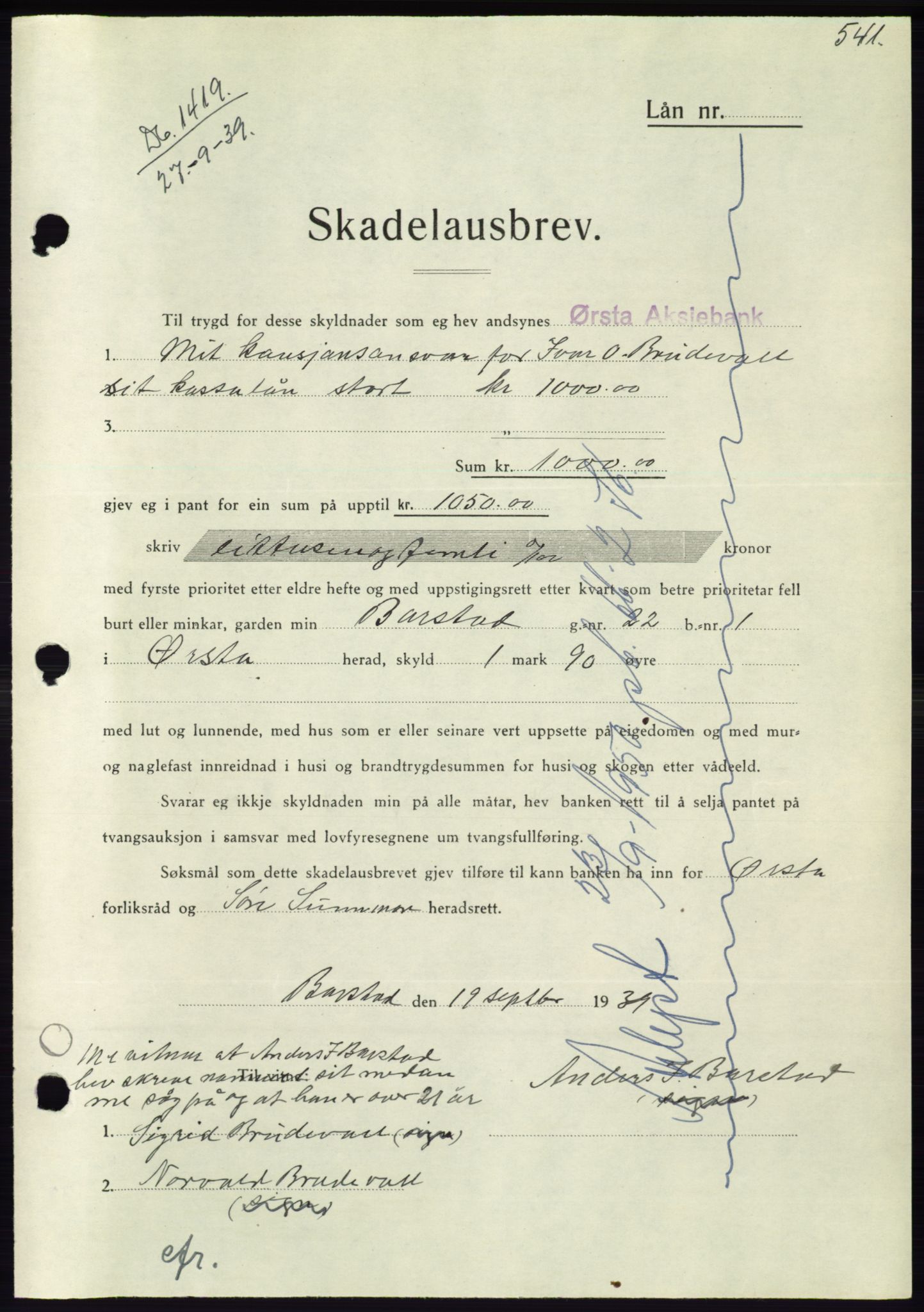 Søre Sunnmøre sorenskriveri, AV/SAT-A-4122/1/2/2C/L0068: Pantebok nr. 62, 1939-1939, Dagboknr: 1419/1939