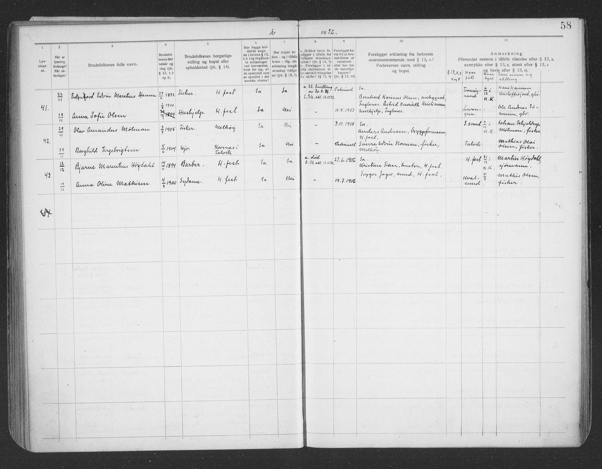 Hammerfest sokneprestkontor, AV/SATØ-S-1347/I/Ib/L0073: Lysningsprotokoll nr. 73, 1921-1939, s. 58