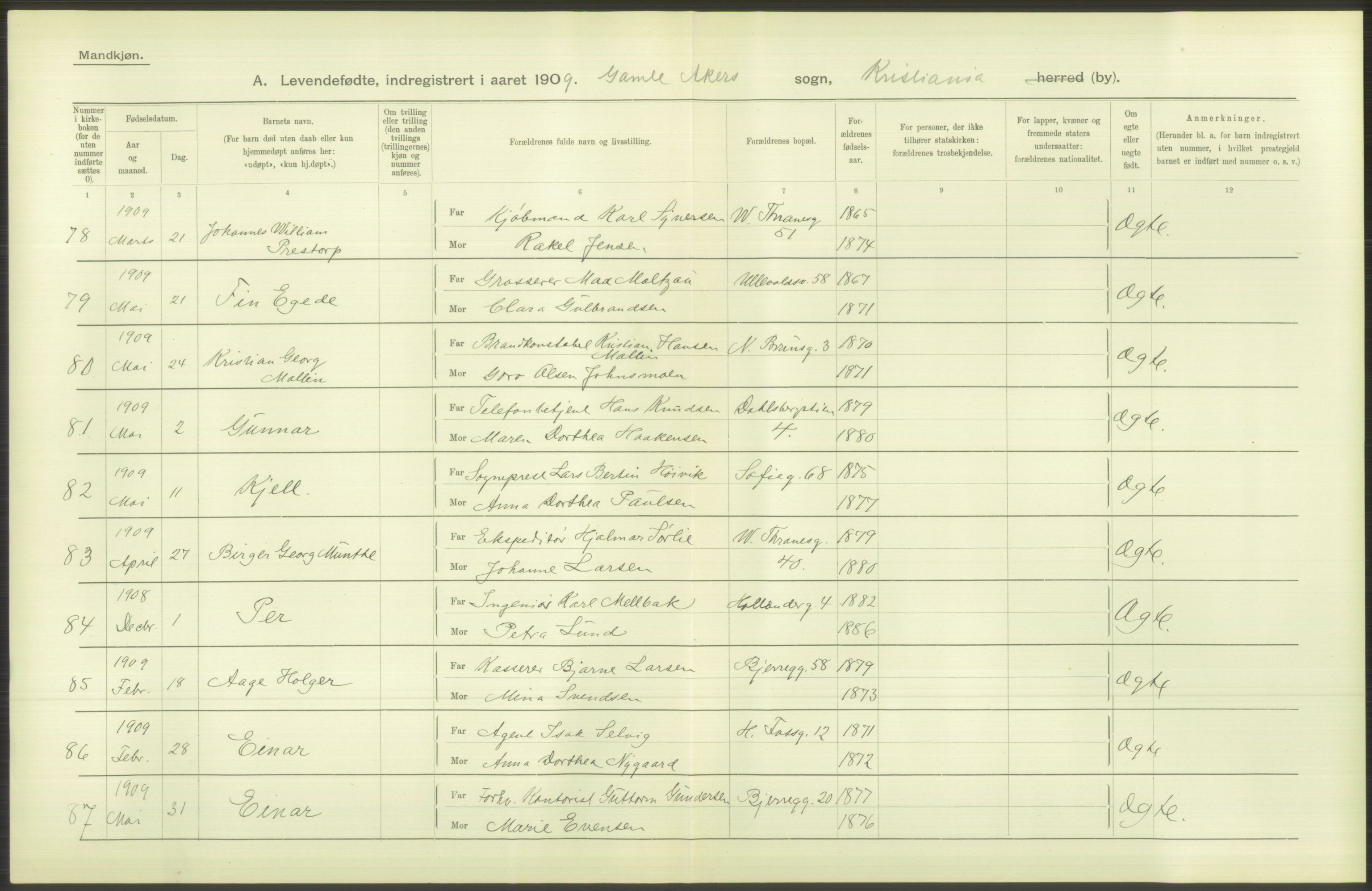 Statistisk sentralbyrå, Sosiodemografiske emner, Befolkning, RA/S-2228/D/Df/Dfa/Dfag/L0007: Kristiania: Levendefødte menn og kvinner., 1909, s. 378