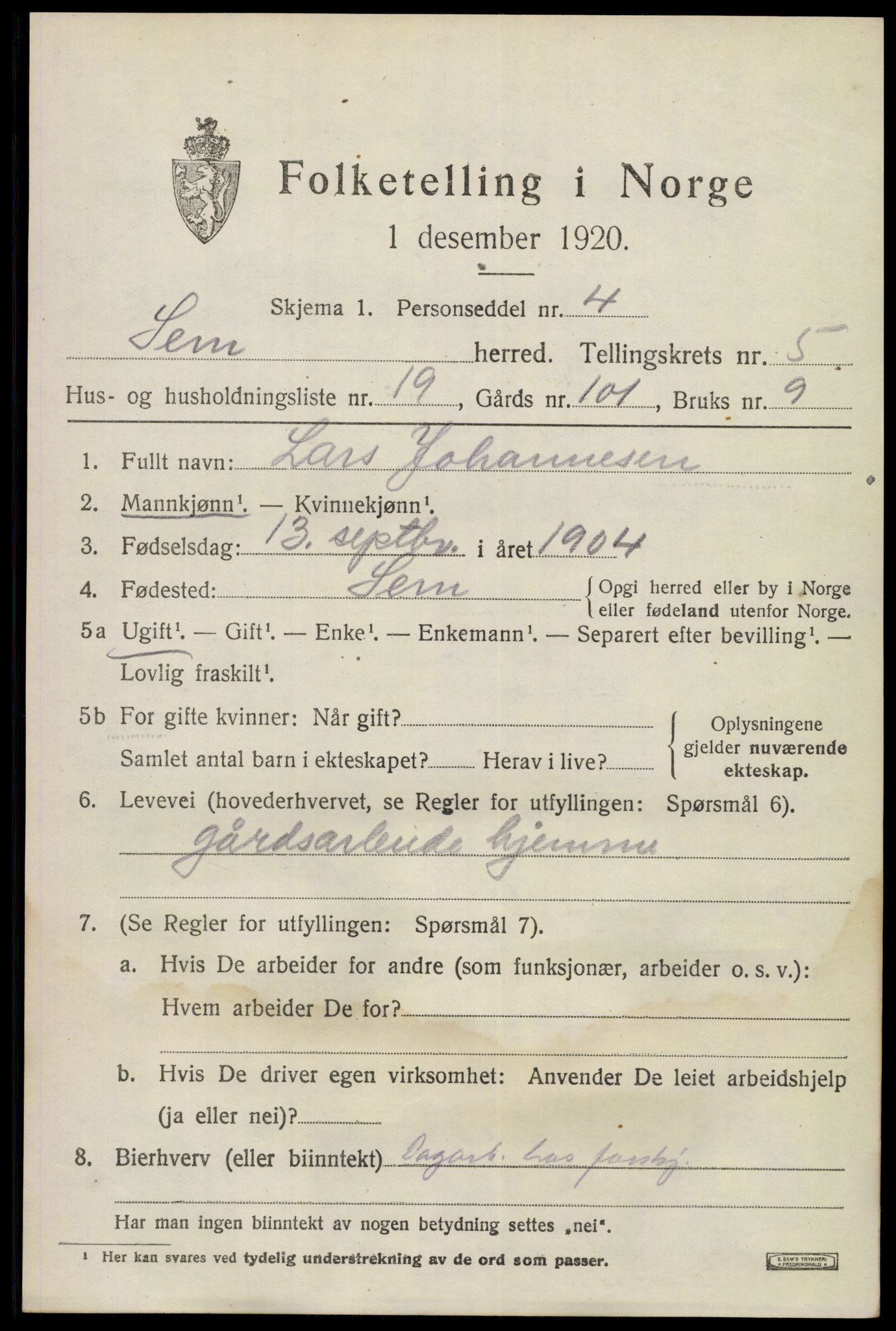SAKO, Folketelling 1920 for 0721 Sem herred, 1920, s. 8025
