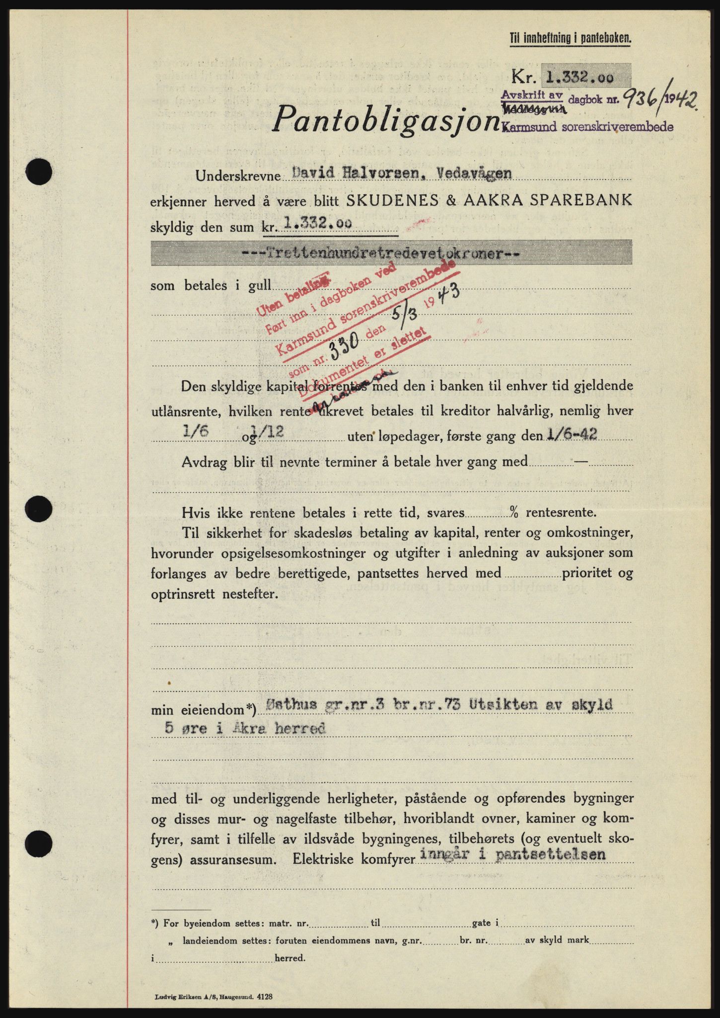 Karmsund sorenskriveri, SAST/A-100311/01/II/IIBBE/L0008: Pantebok nr. B 54, 1942-1943, Dagboknr: 936/1942