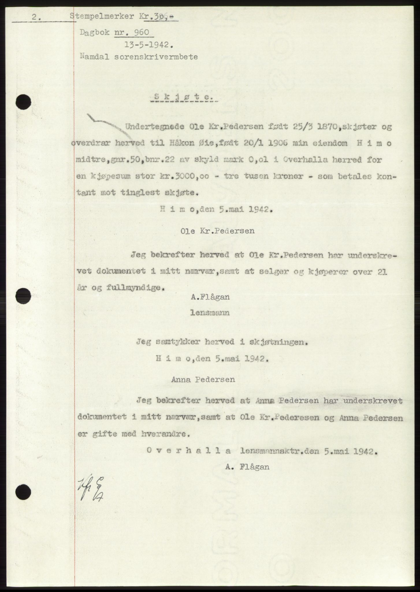 Namdal sorenskriveri, SAT/A-4133/1/2/2C: Pantebok nr. -, 1941-1942, Dagboknr: 960/1942
