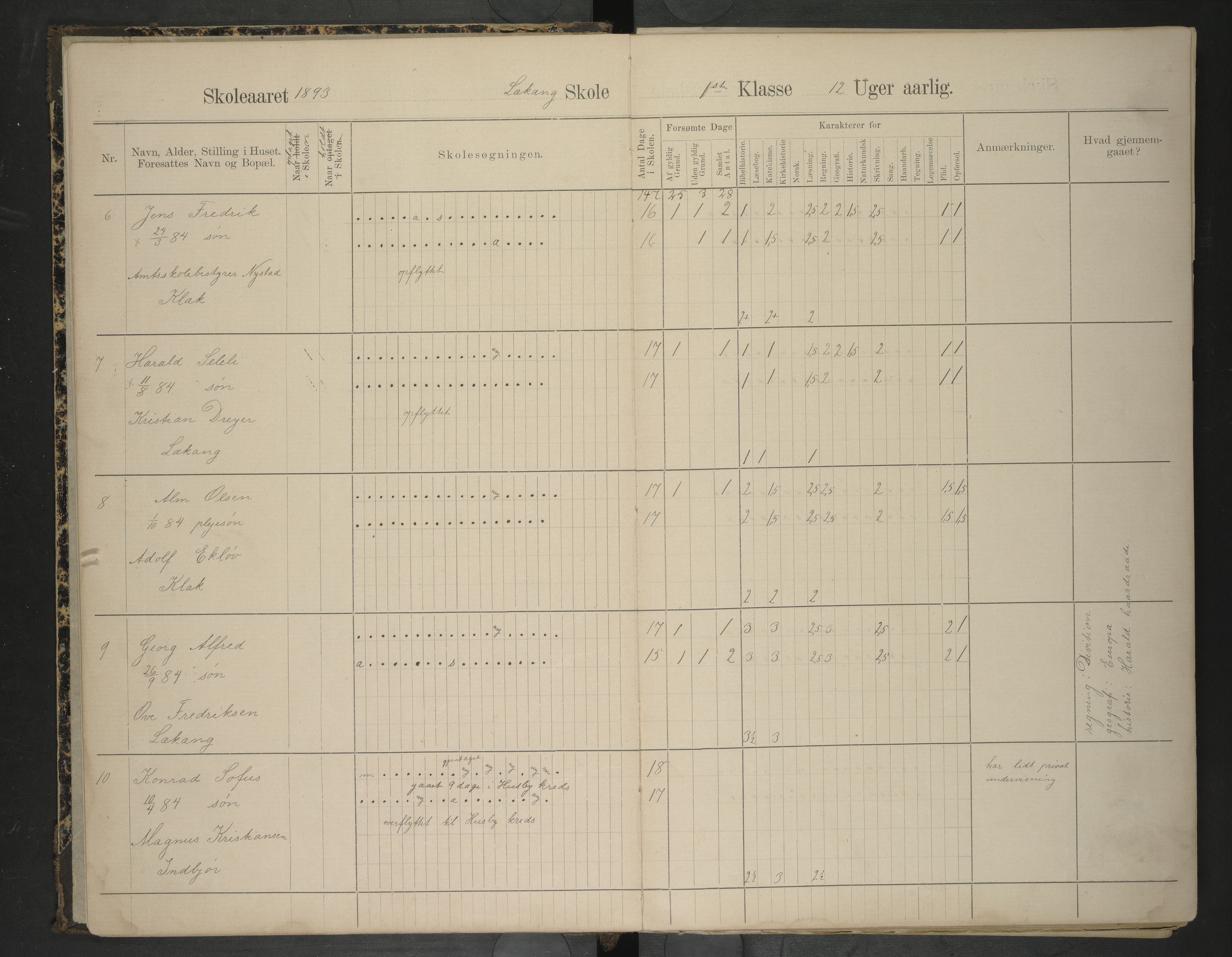 Hadsel kommune. Lekang, Husby og Ongstad skolekrets, AIN/K-18660.510.53/F/L0001: Skoleprotokoll for Lekang, Husby og Ongstad, 1892-1896