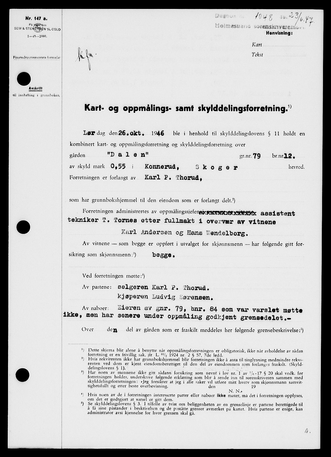 Holmestrand sorenskriveri, SAKO/A-67/G/Ga/Gaa/L0062: Pantebok nr. A-62, 1947-1947, Dagboknr: 1048/1947