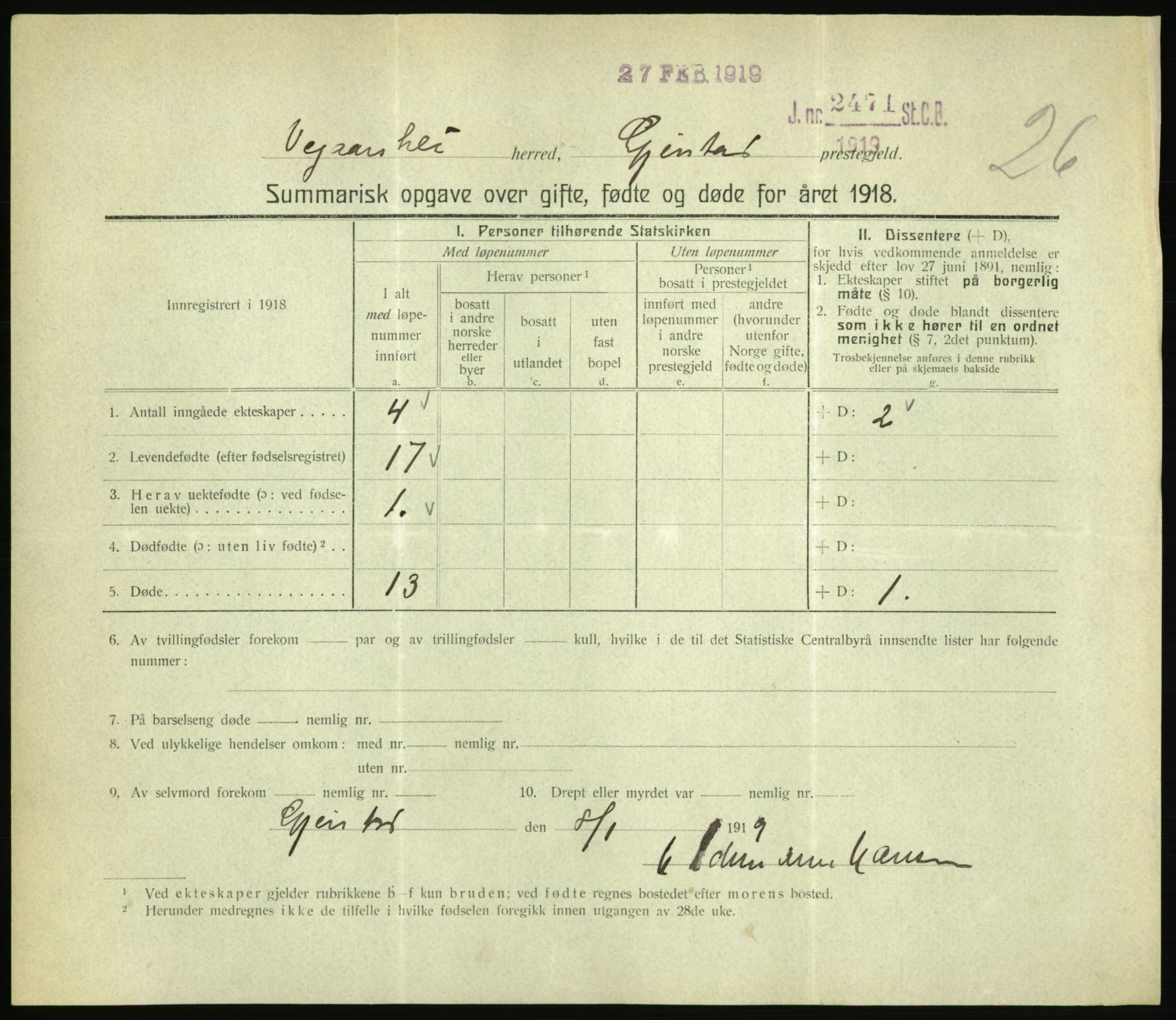 Statistisk sentralbyrå, Sosiodemografiske emner, Befolkning, RA/S-2228/D/Df/Dfb/Dfbh/L0059: Summariske oppgaver over gifte, fødte og døde for hele landet., 1918, s. 621