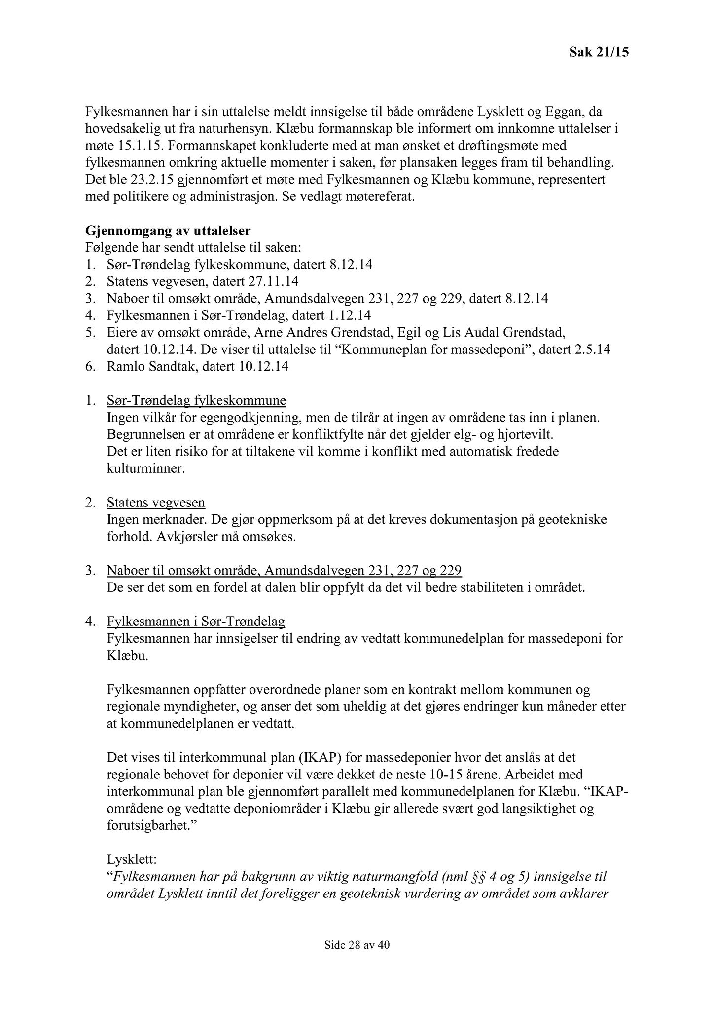 Klæbu Kommune, TRKO/KK/01-KS/L008: Kommunestyret - Møtedokumenter, 2015, s. 246