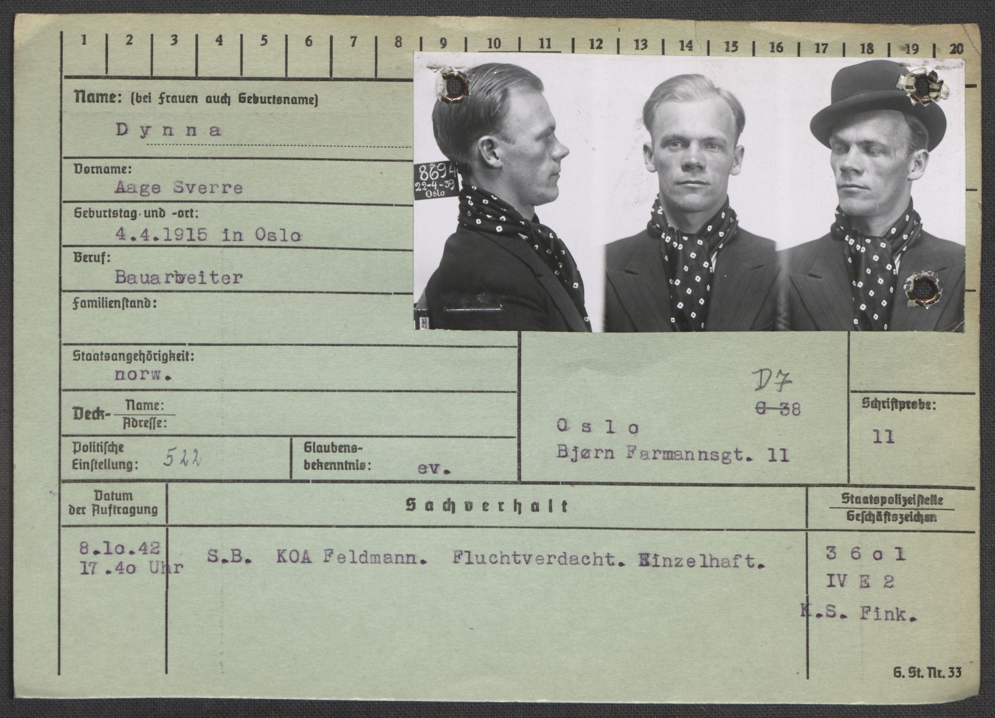 Befehlshaber der Sicherheitspolizei und des SD, AV/RA-RAFA-5969/E/Ea/Eaa/L0002: Register over norske fanger i Møllergata 19: Bj-Eng, 1940-1945, s. 1115